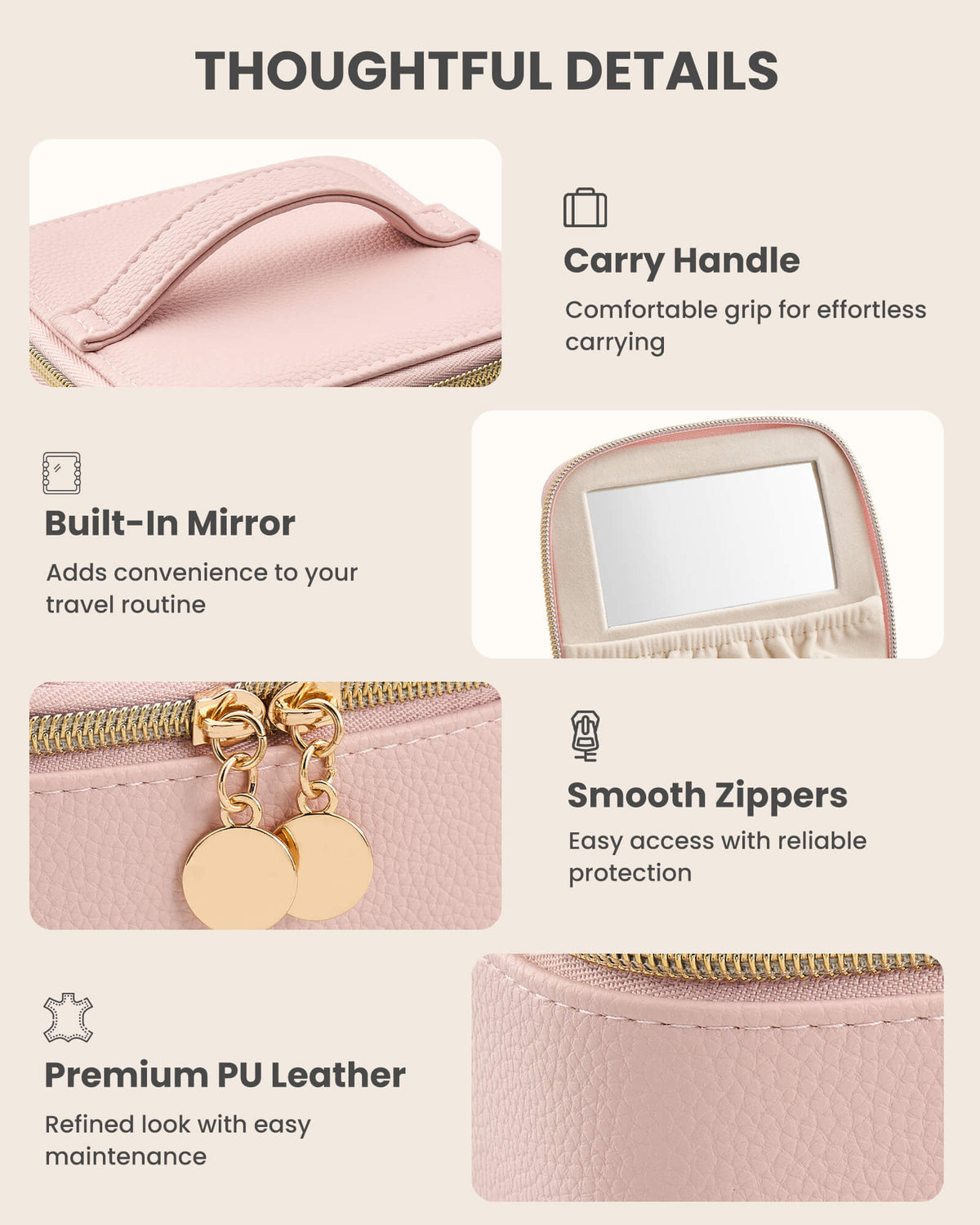 Dustypink portable travel jewelry case with 8 individual pouches with size and capacity details