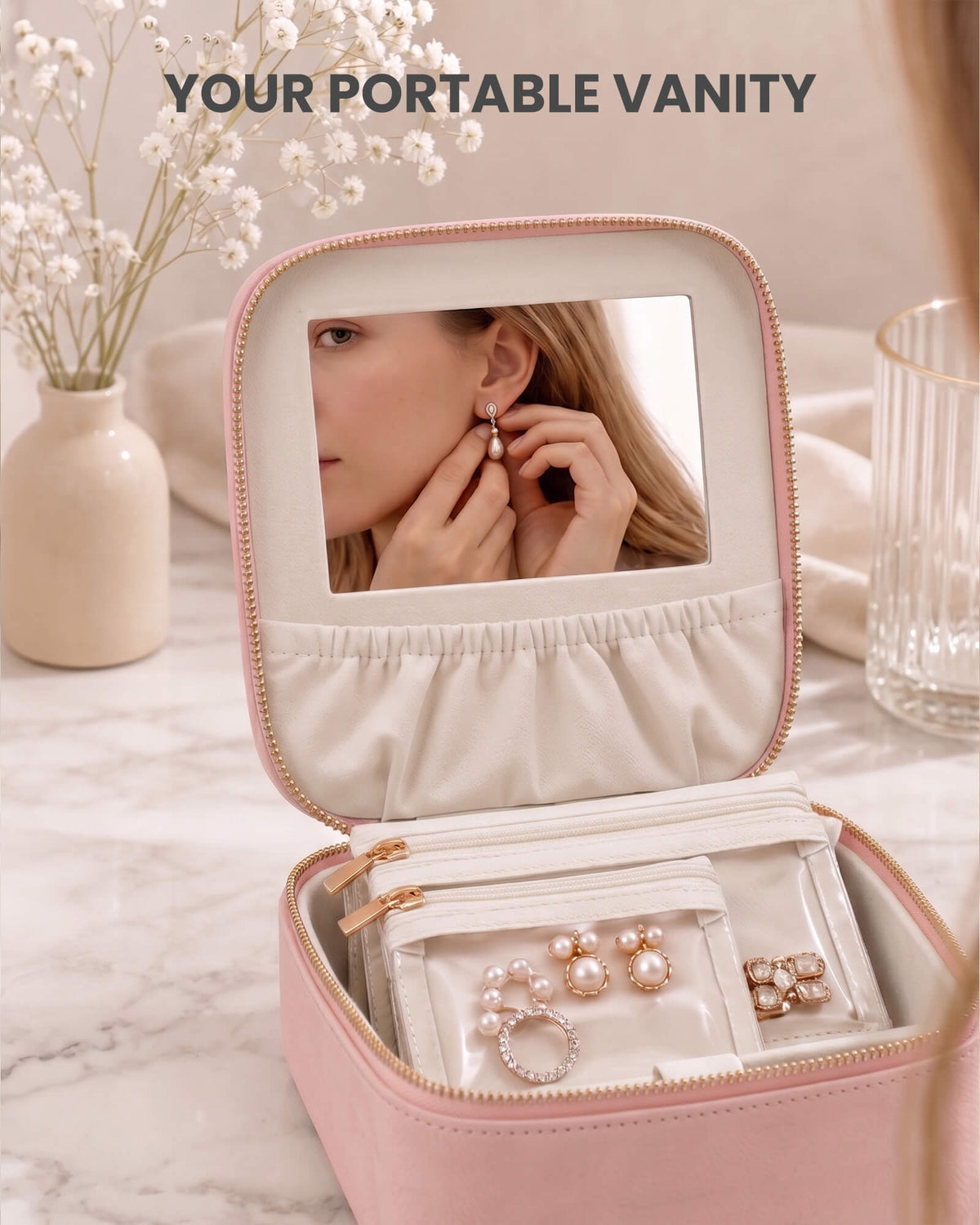 Dustypink portable travel jewelry case with 8 individual pouches with close-up feature details