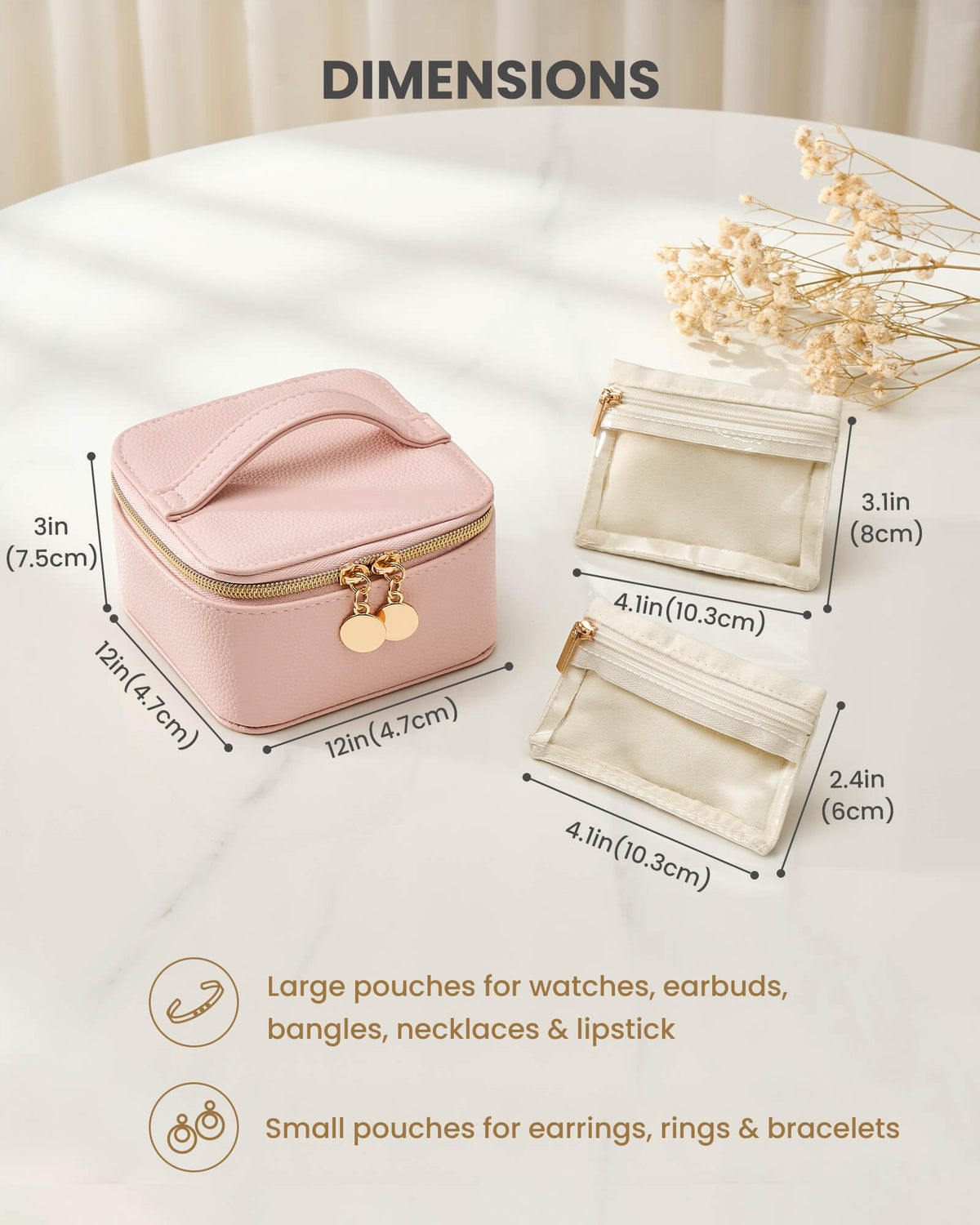 Dustypink portable travel jewelry case with 8 individual pouches with lifestyle storage example