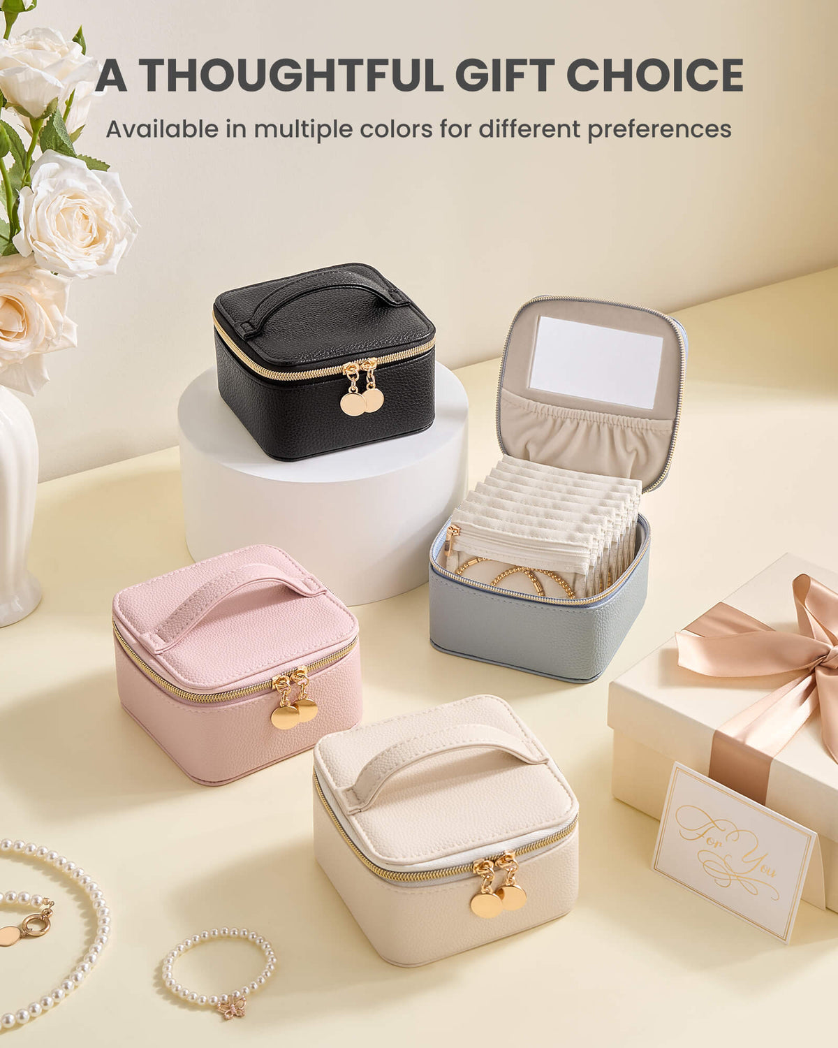 Dustypink portable travel jewelry case with 8 individual pouches with large-capacity interior and removable sections