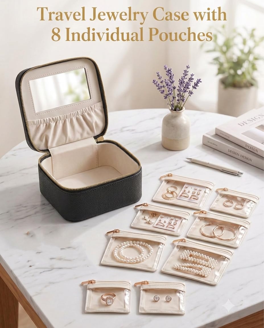 Portable Travel Jewelry Case with 8 Individual Pouches
