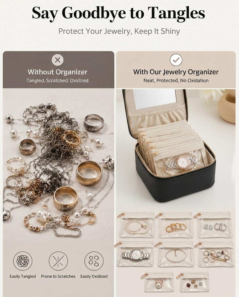 Portable Travel Jewelry Case with 8 Individual Pouches