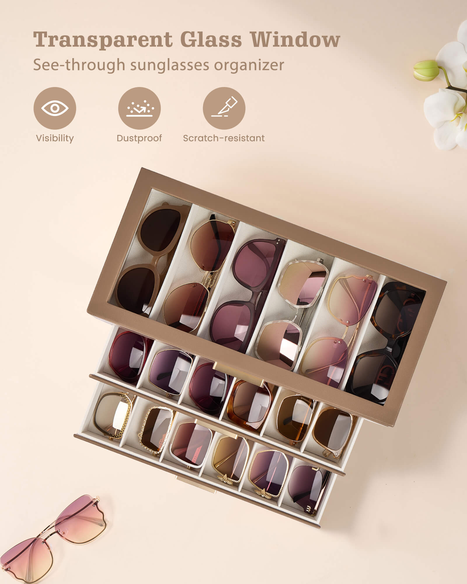 Glasses & Sunglasses Organizer Box with Clear Glass Lid