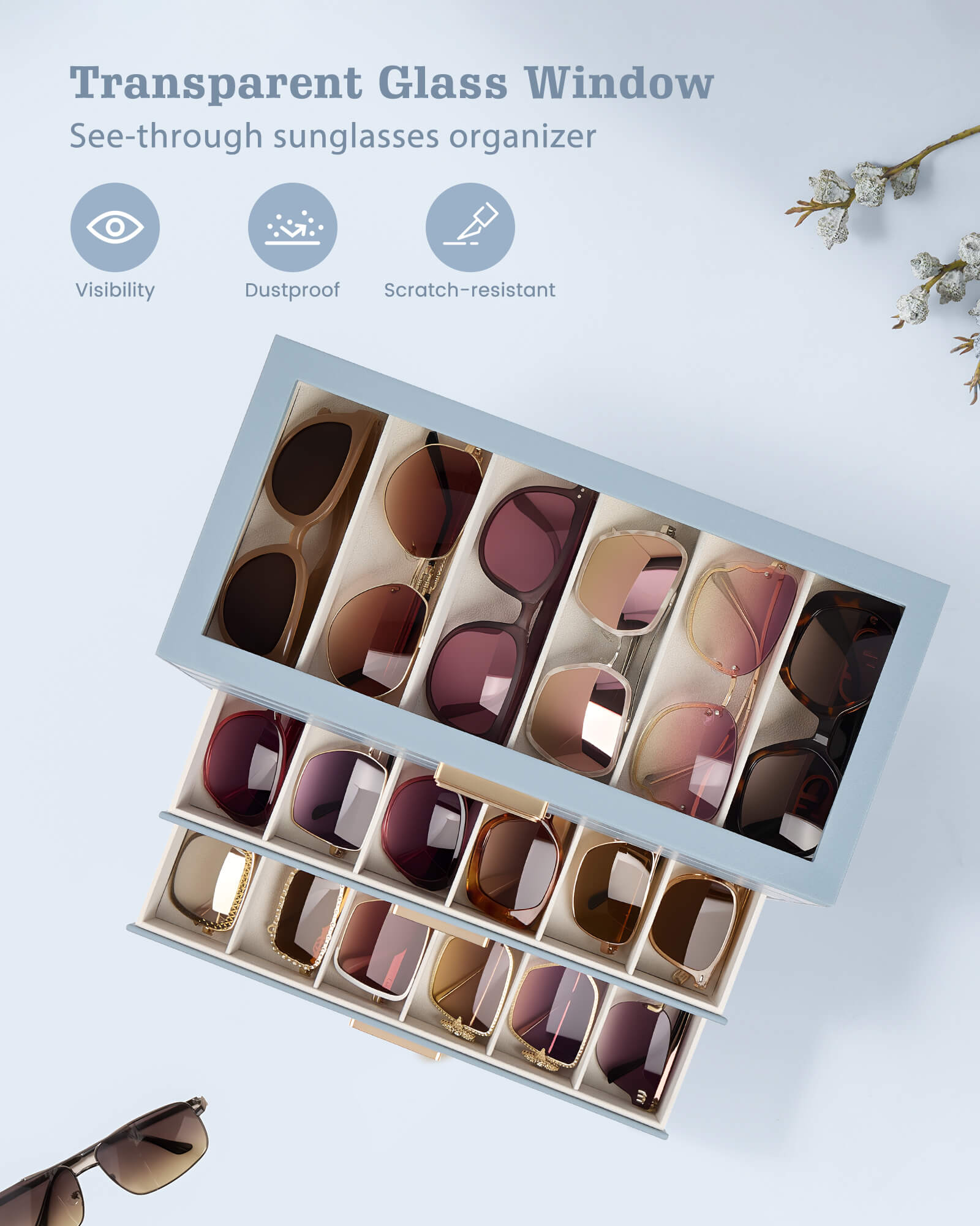Glasses & Sunglasses Organizer Box with Clear Glass Lid