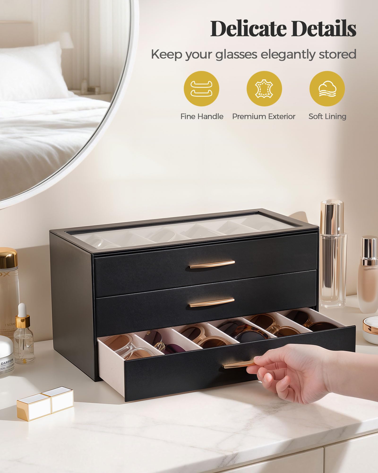 Large Capacity Multi-Tier Sunglasses Organizer Case with Clear Top Lid