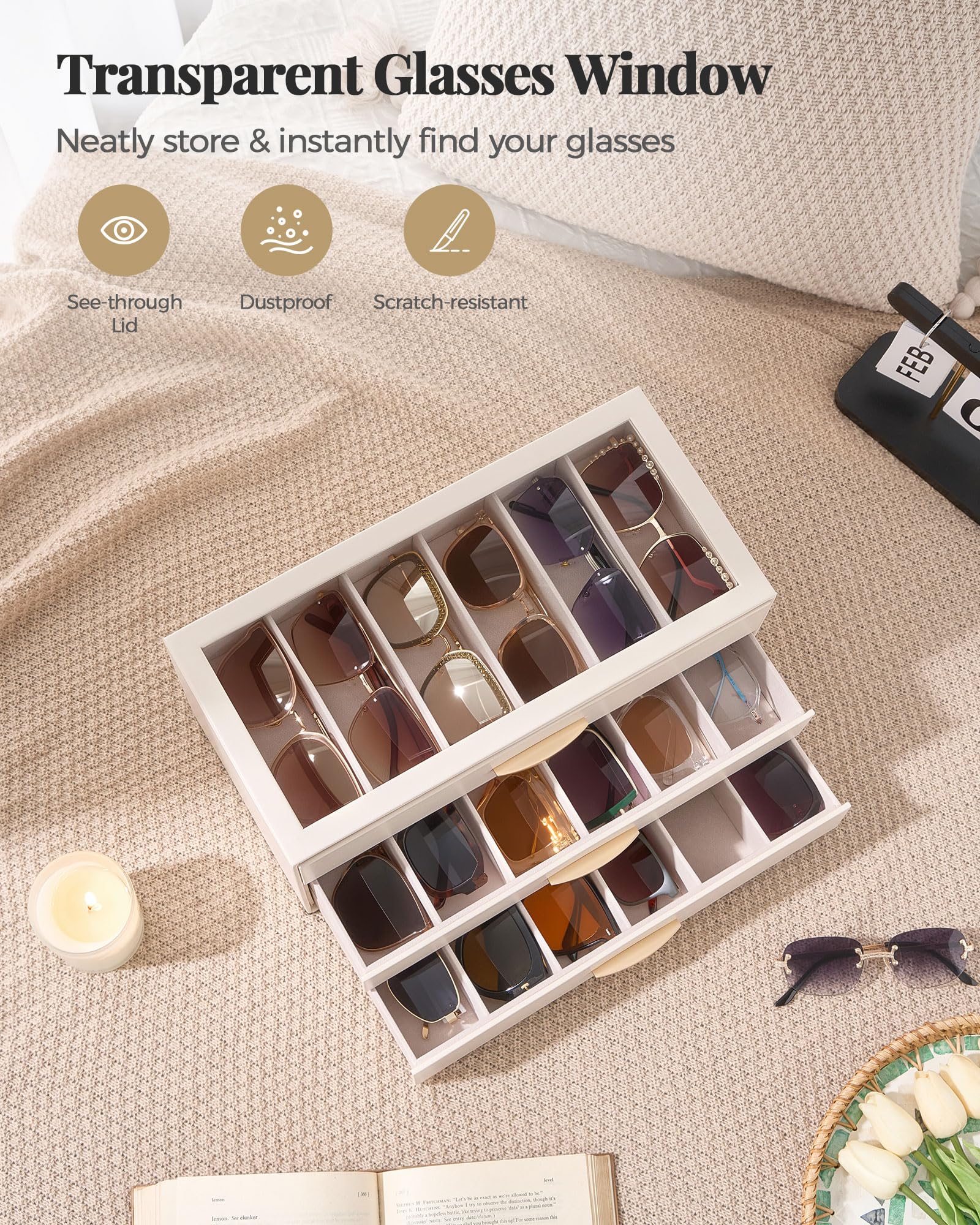 Large Capacity Multi-Tier Sunglasses Organizer Case with Clear Top Lid