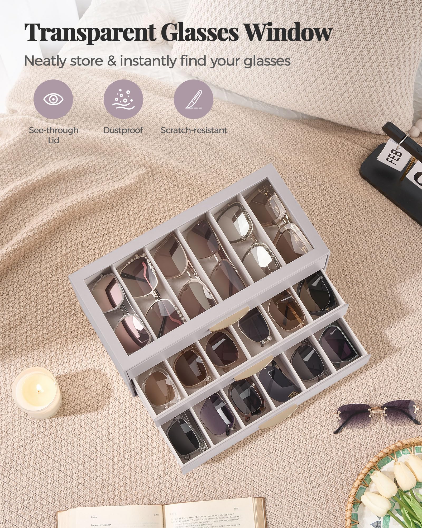 Large Capacity Multi-Tier Sunglasses Organizer Case with Clear Top Lid