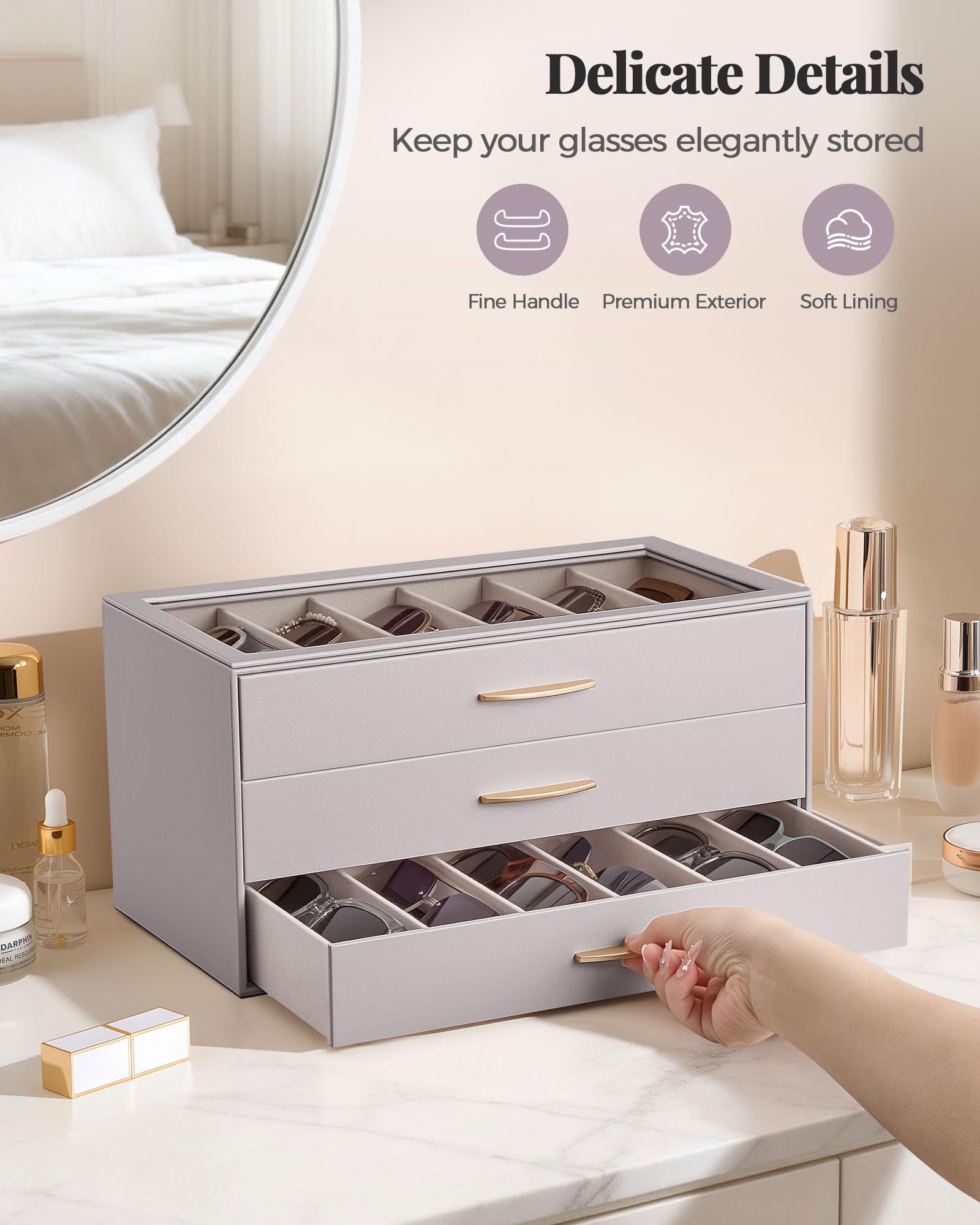 Large Capacity Multi-Tier Sunglasses Organizer Case with Clear Top Lid