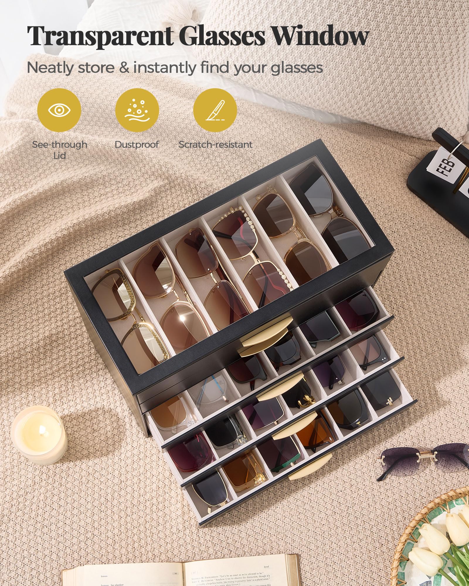 5-Layer Sunglasses Organizer Case with Clear Top Lid