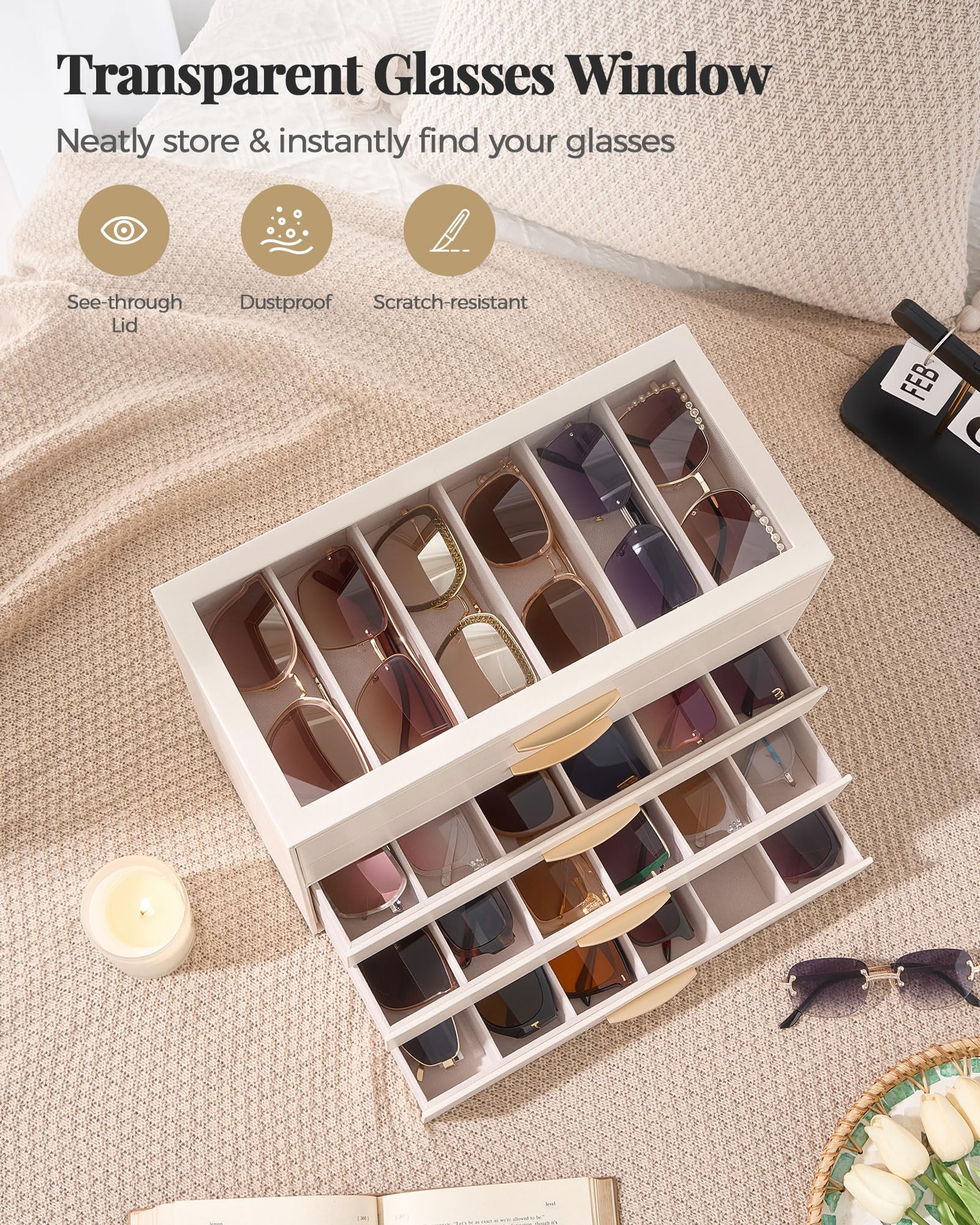 5-Layer Sunglasses Organizer Case with Clear Top Lid