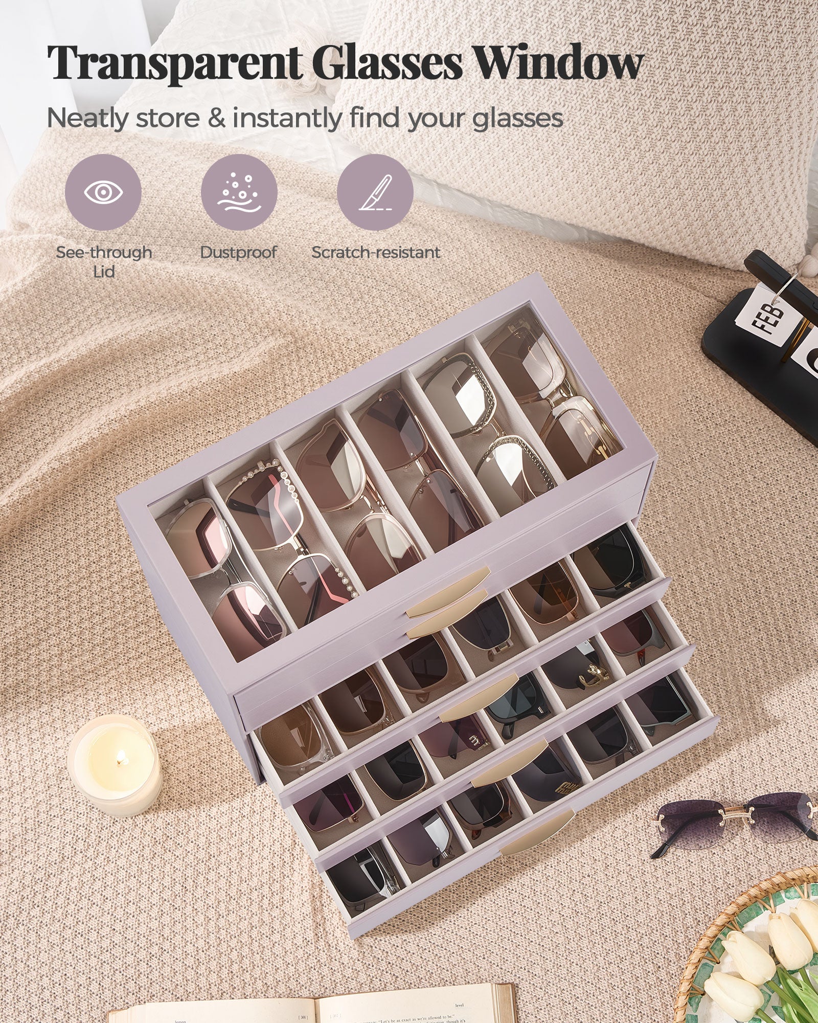 5-Layer Sunglasses Organizer Case with Clear Top Lid