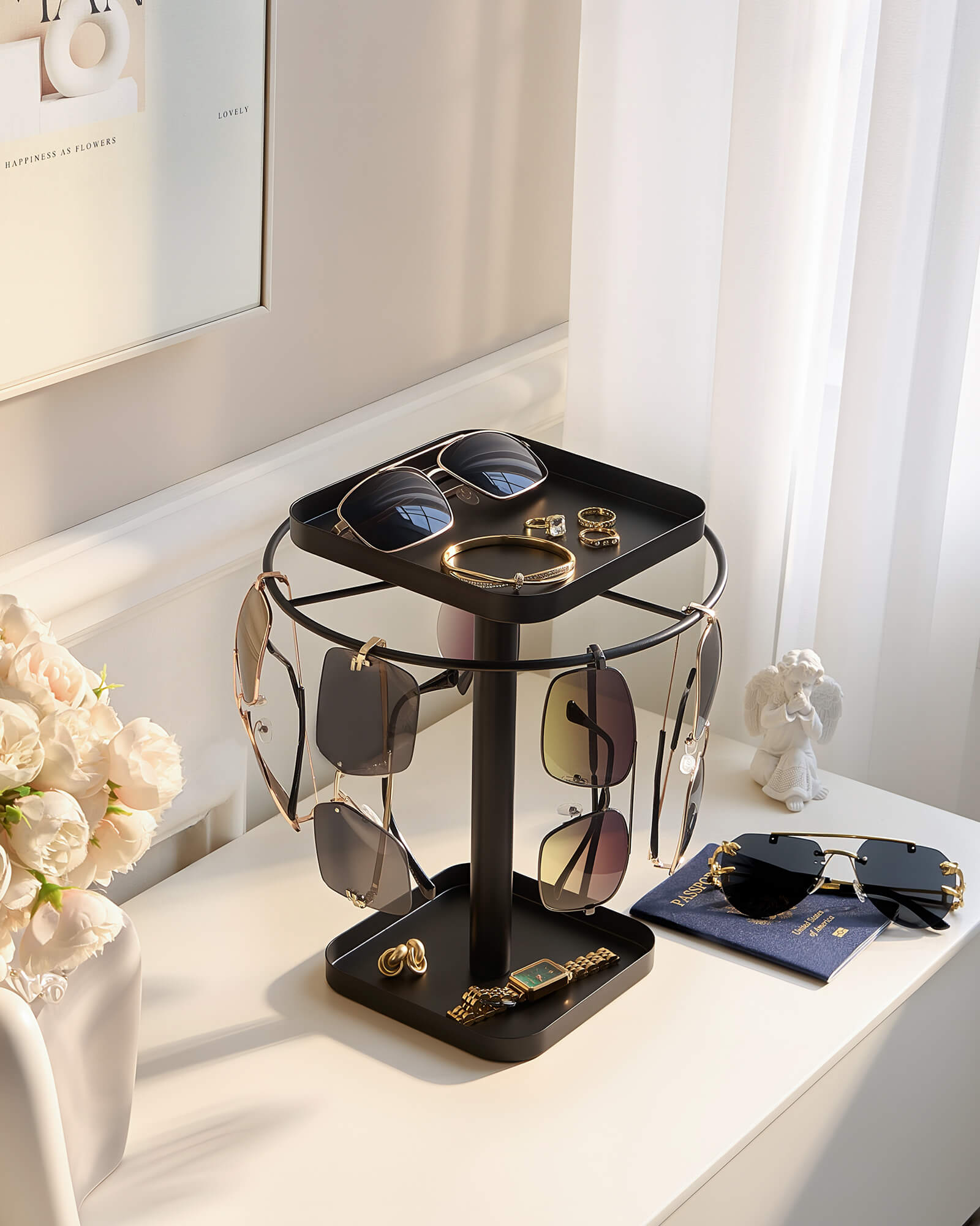 360° Rotating Sunglasses Organizer with 2 Square Storage Tray