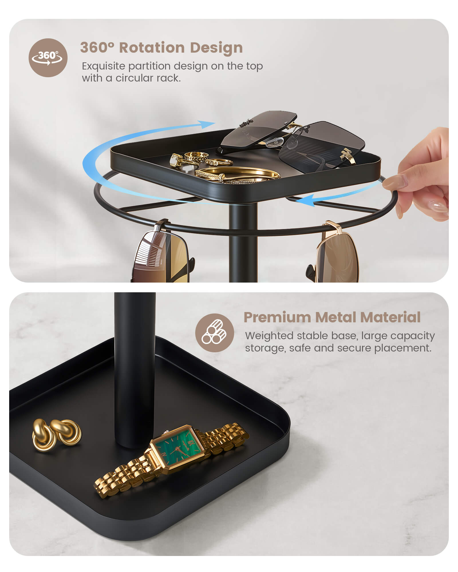 360° Rotating Sunglasses Organizer with 2 Square Storage Tray