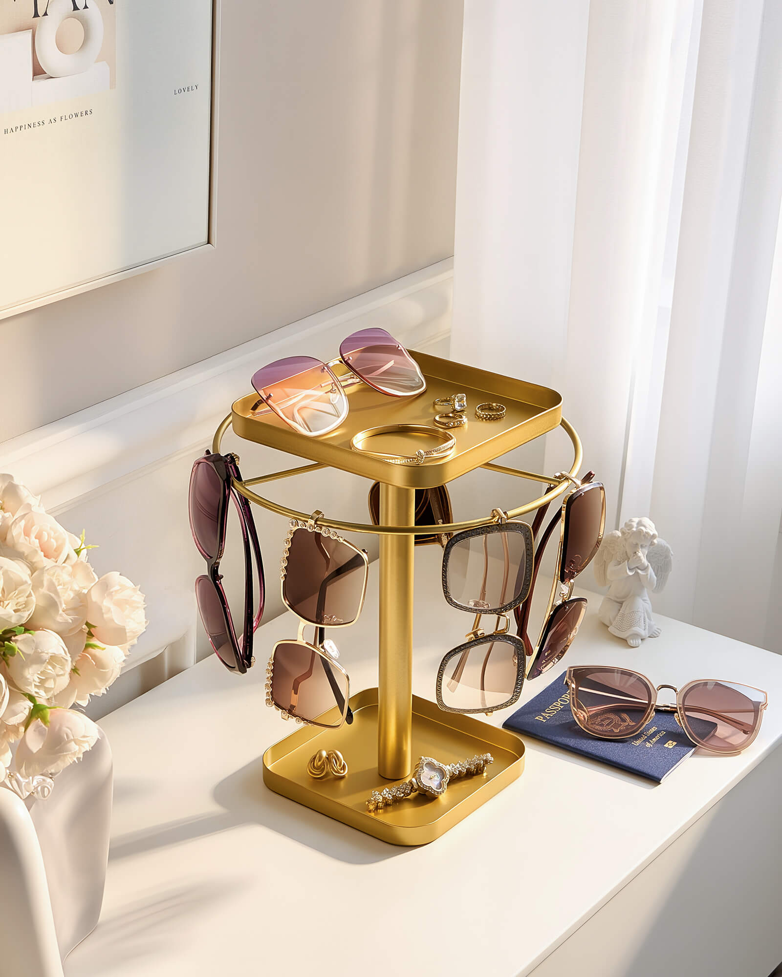 360° Rotating Sunglasses Organizer with 2 Square Storage Tray