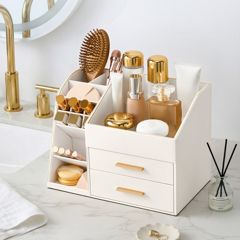 PU Leather Spacious Makeup Organizer with Drawers