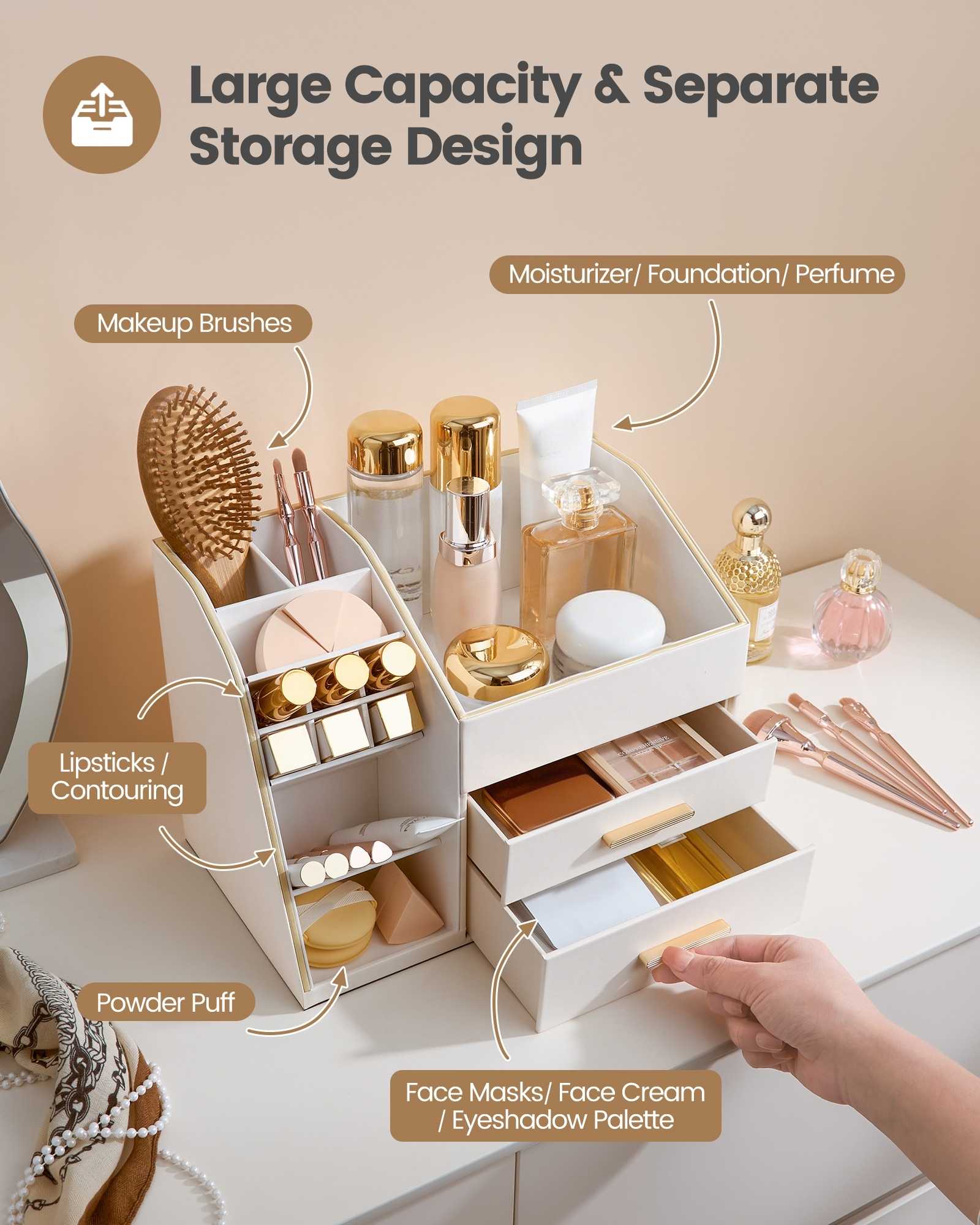 PU Leather Spacious Makeup Organizer with Drawers