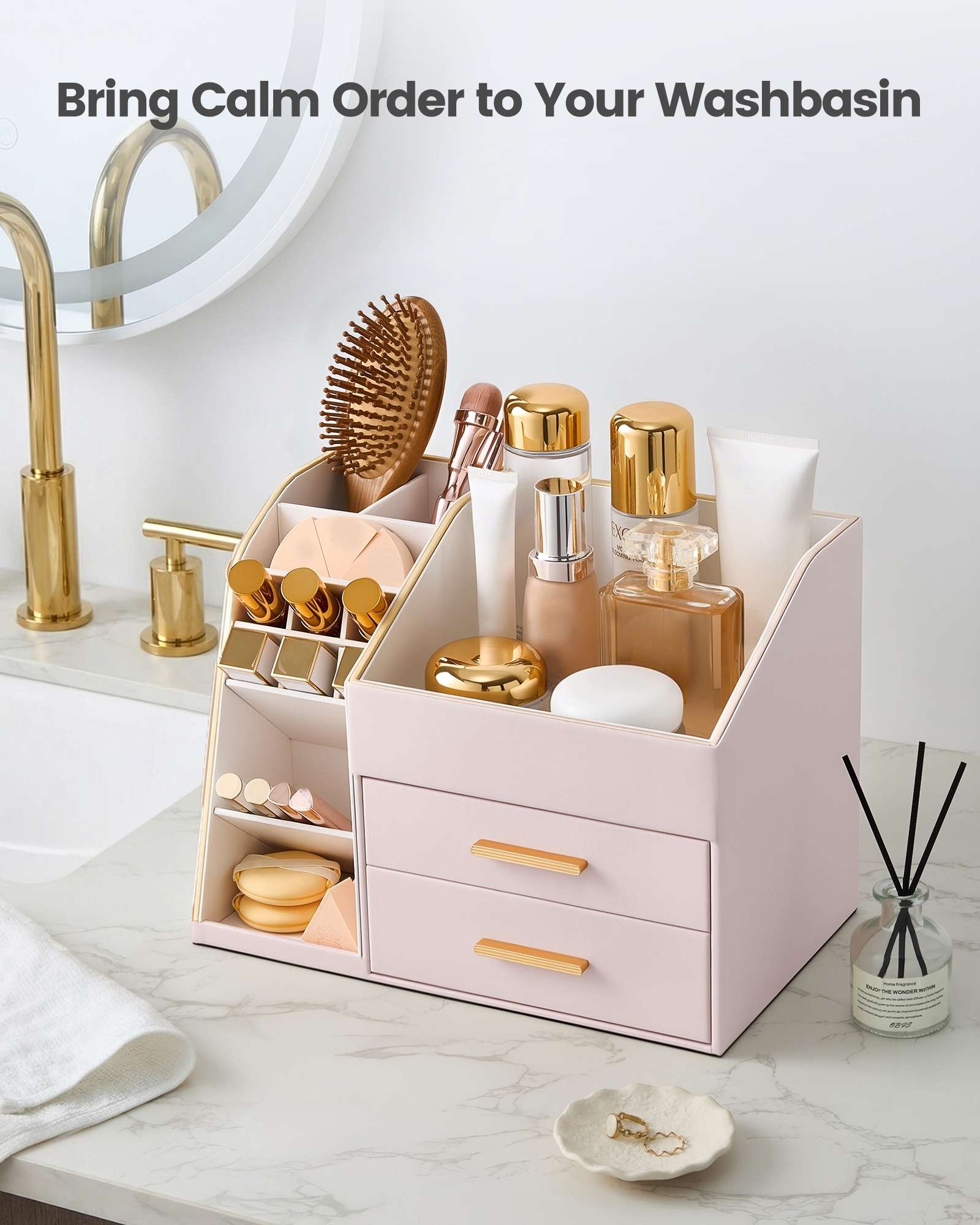 PU Leather Spacious Makeup Organizer with Drawers