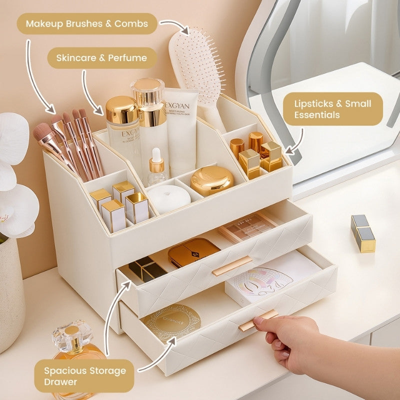 PU Leather Large Makeup Organizer for Vanity Desk