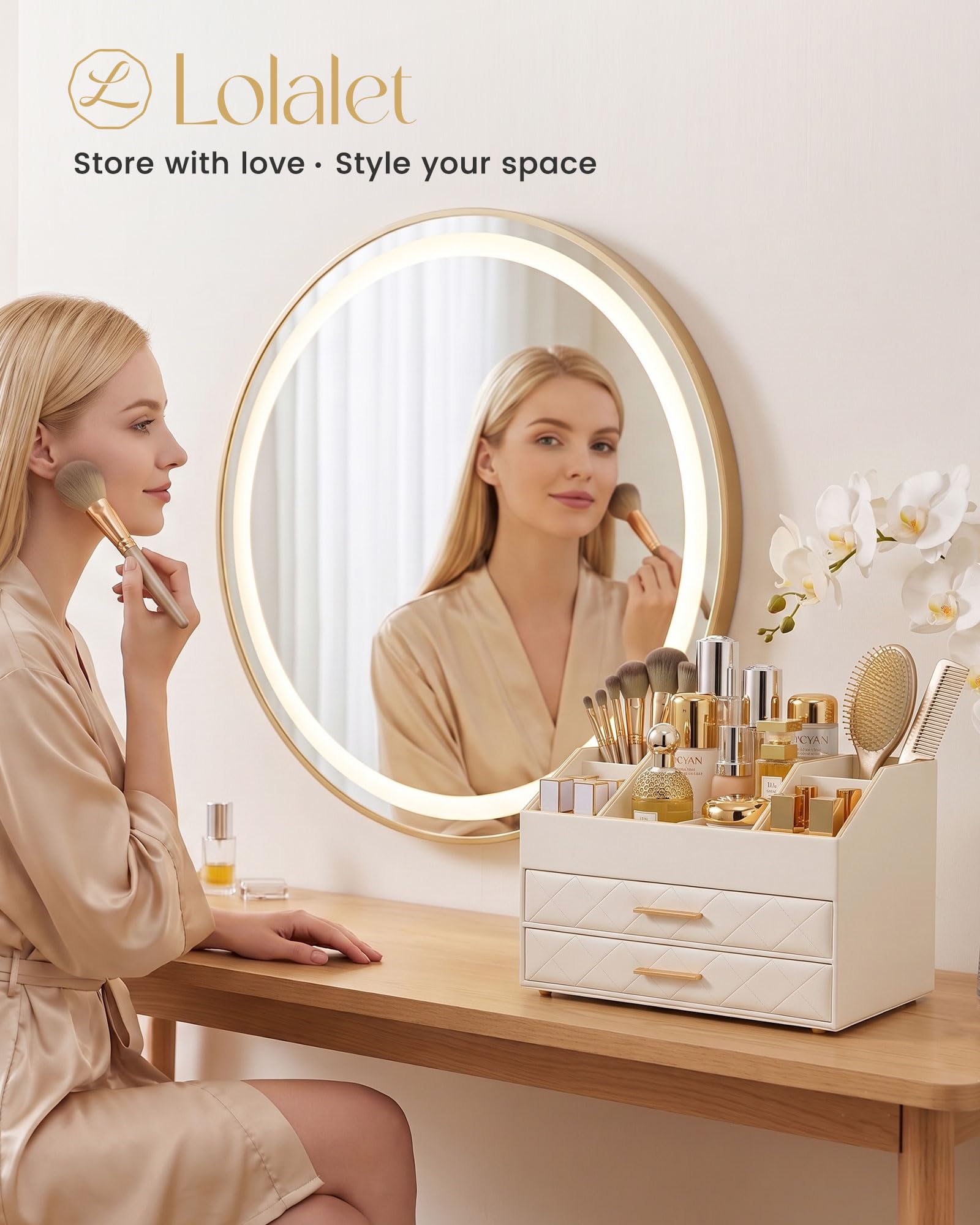 PU Leather Large Makeup Organizer for Vanity Desk