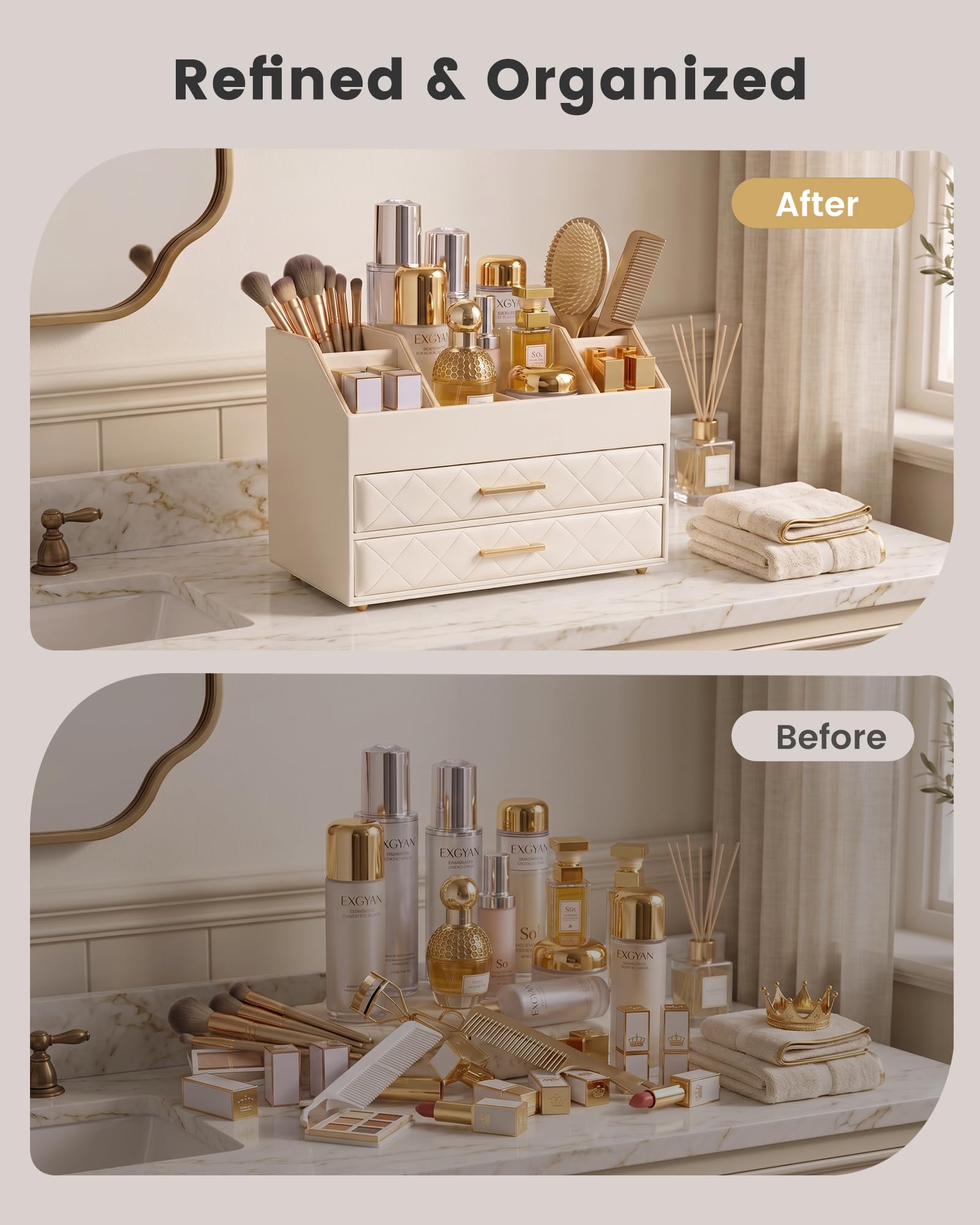 PU Leather Large Makeup Organizer for Vanity Desk