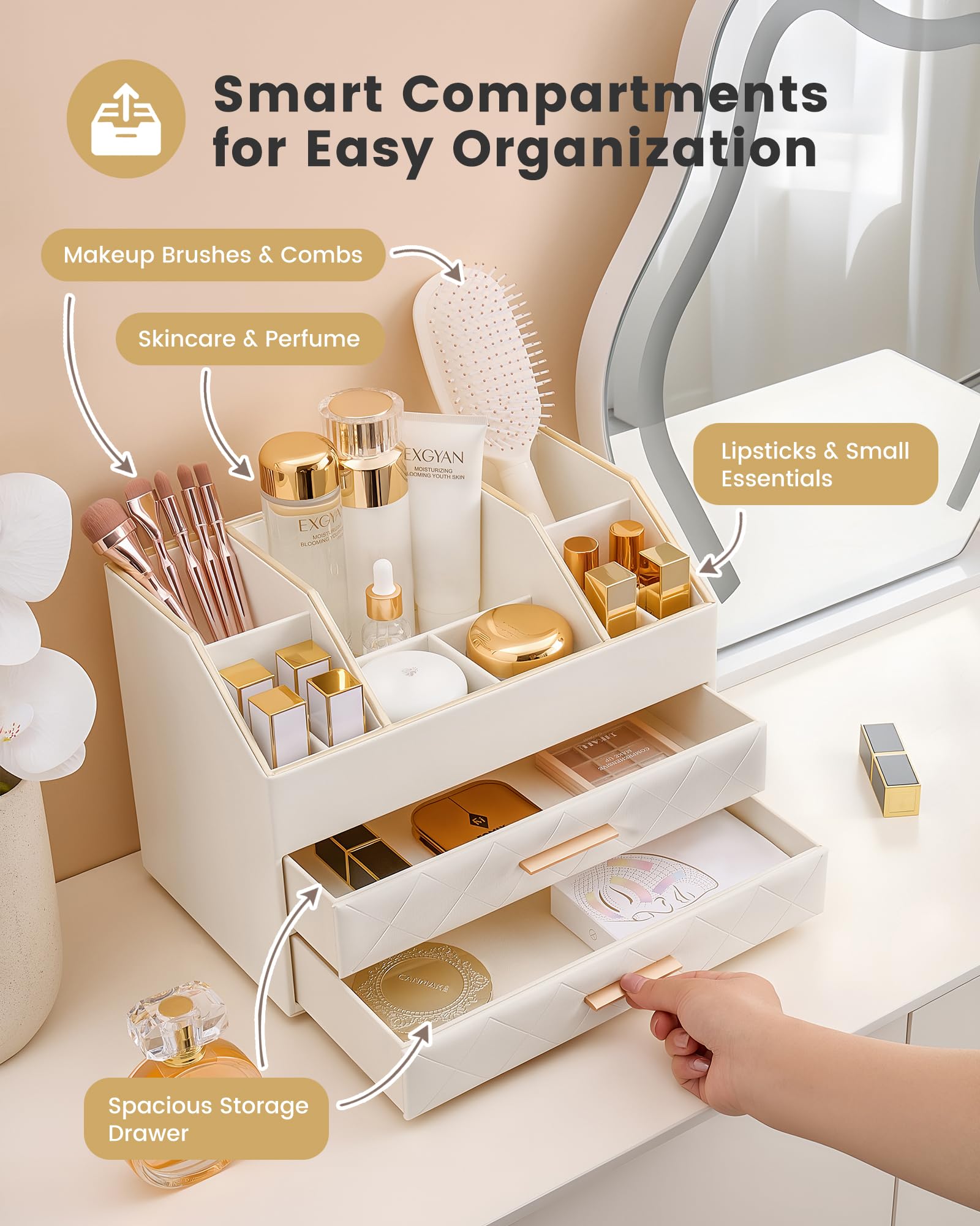 PU Leather Large Makeup Organizer for Vanity Desk