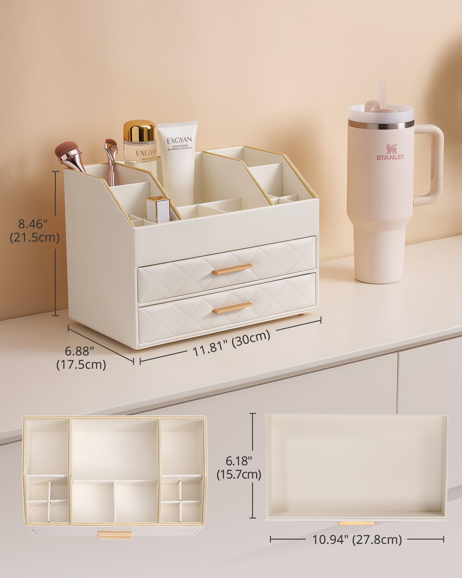 PU Leather Large Makeup Organizer for Vanity Desk