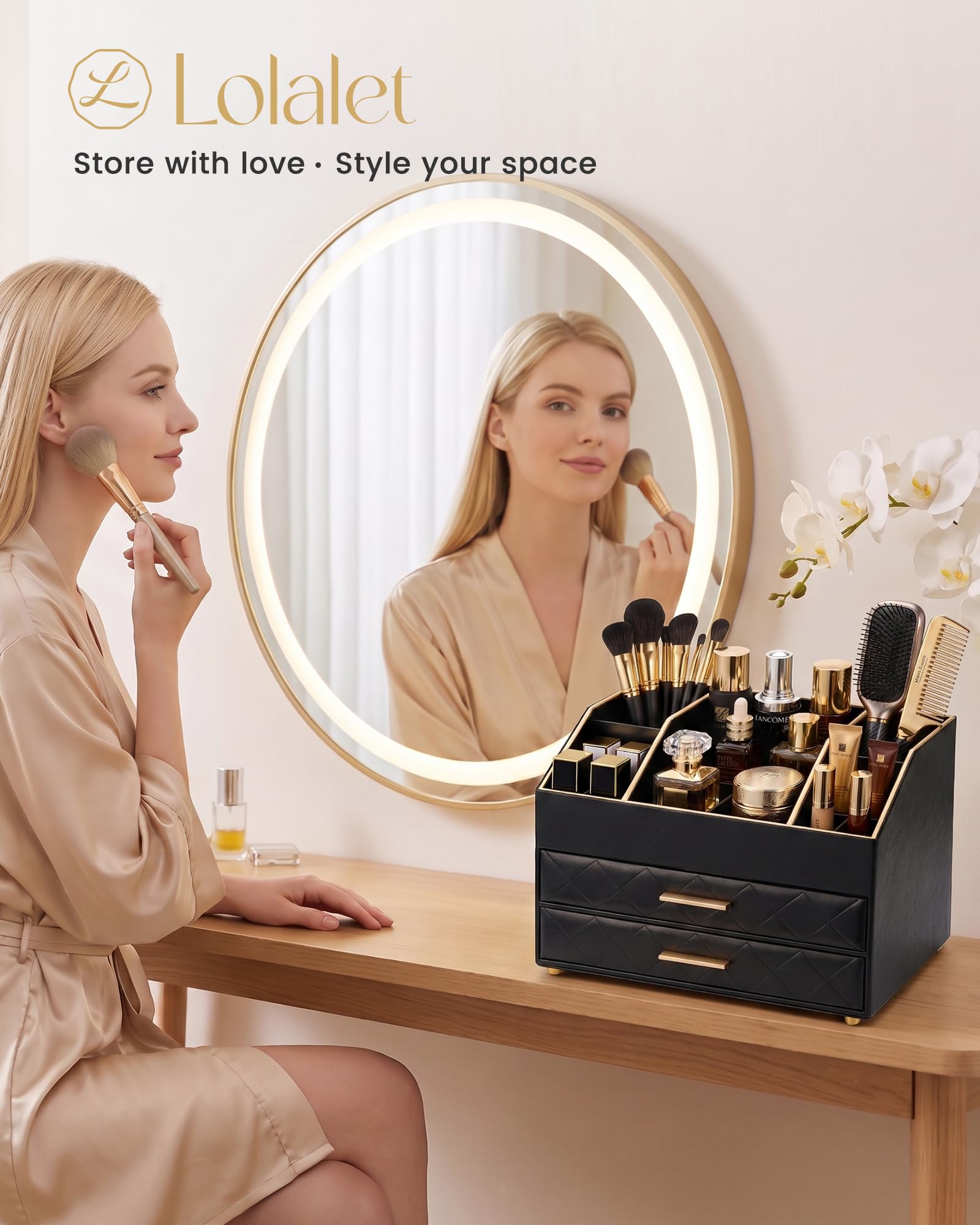 PU Leather Large Makeup Organizer for Vanity Desk