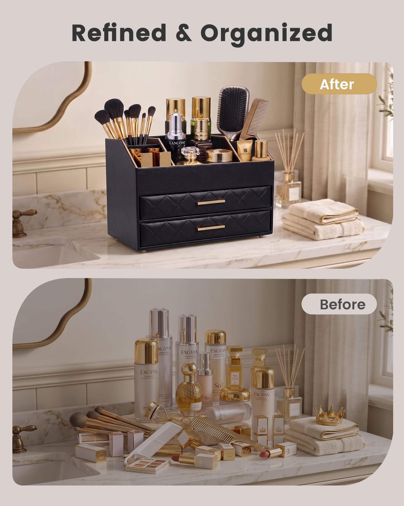 PU Leather Large Makeup Organizer for Vanity Desk