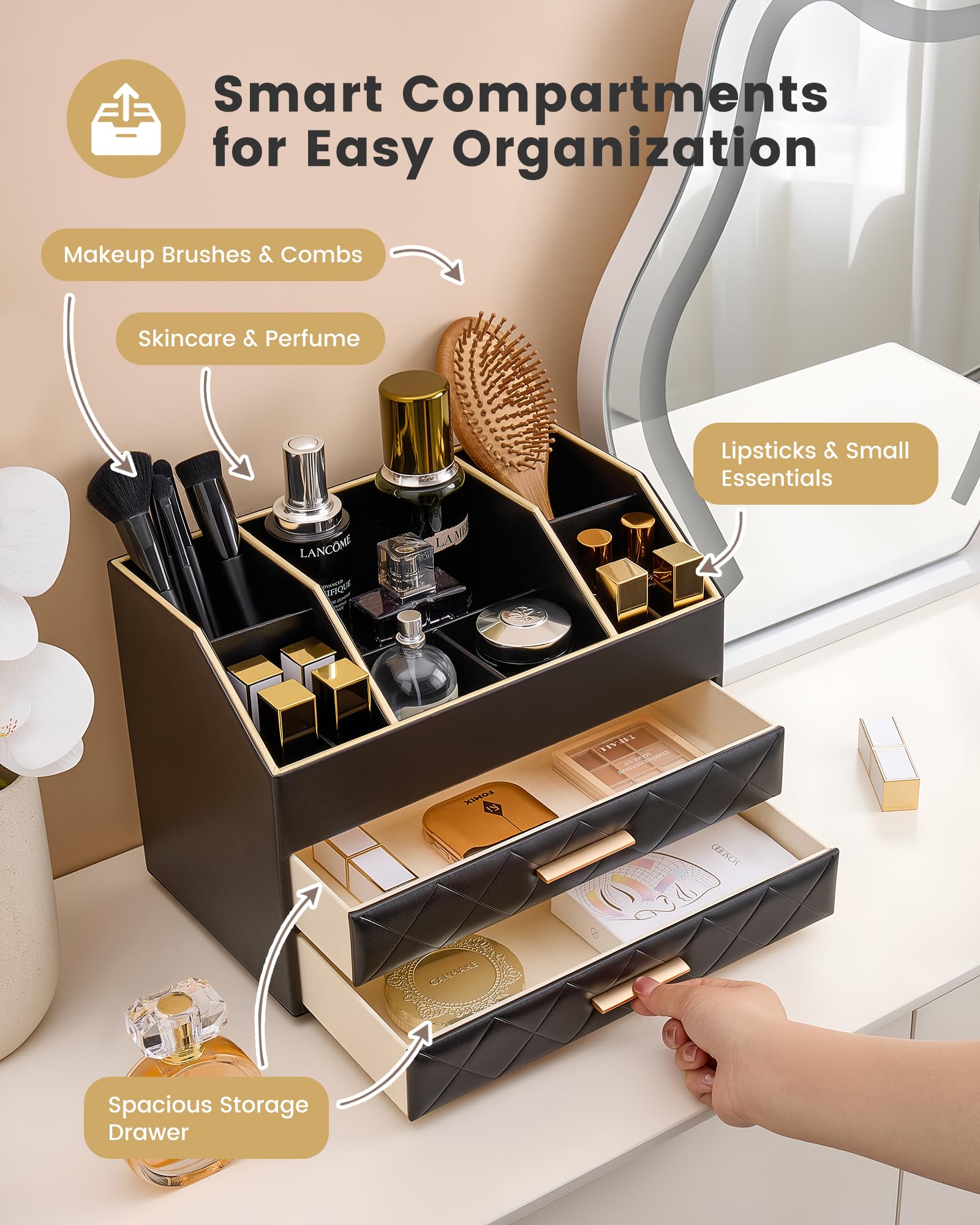 PU Leather Large Makeup Organizer for Vanity Desk