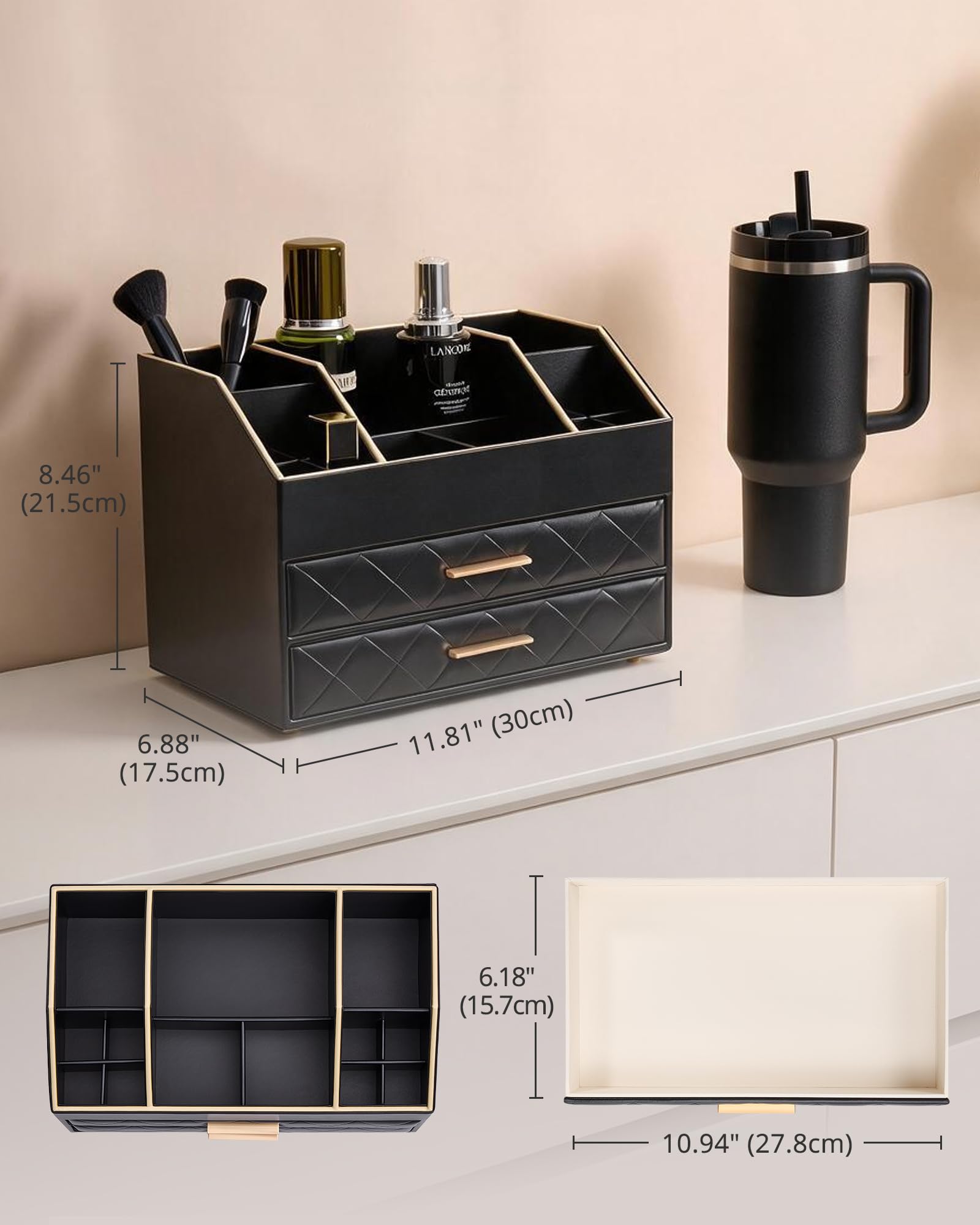 PU Leather Large Makeup Organizer for Vanity Desk