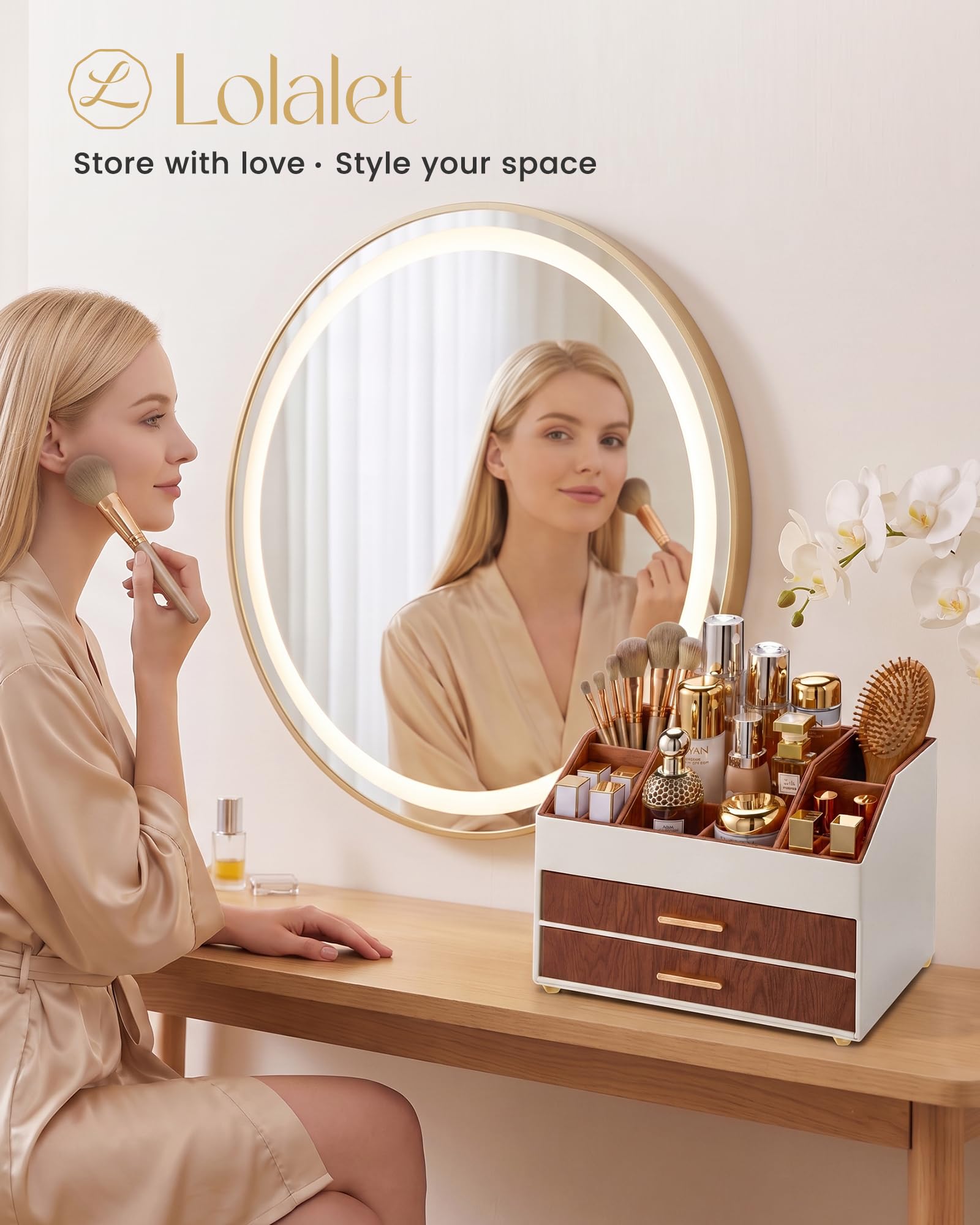 PU Leather Large Makeup Organizer for Vanity Desk