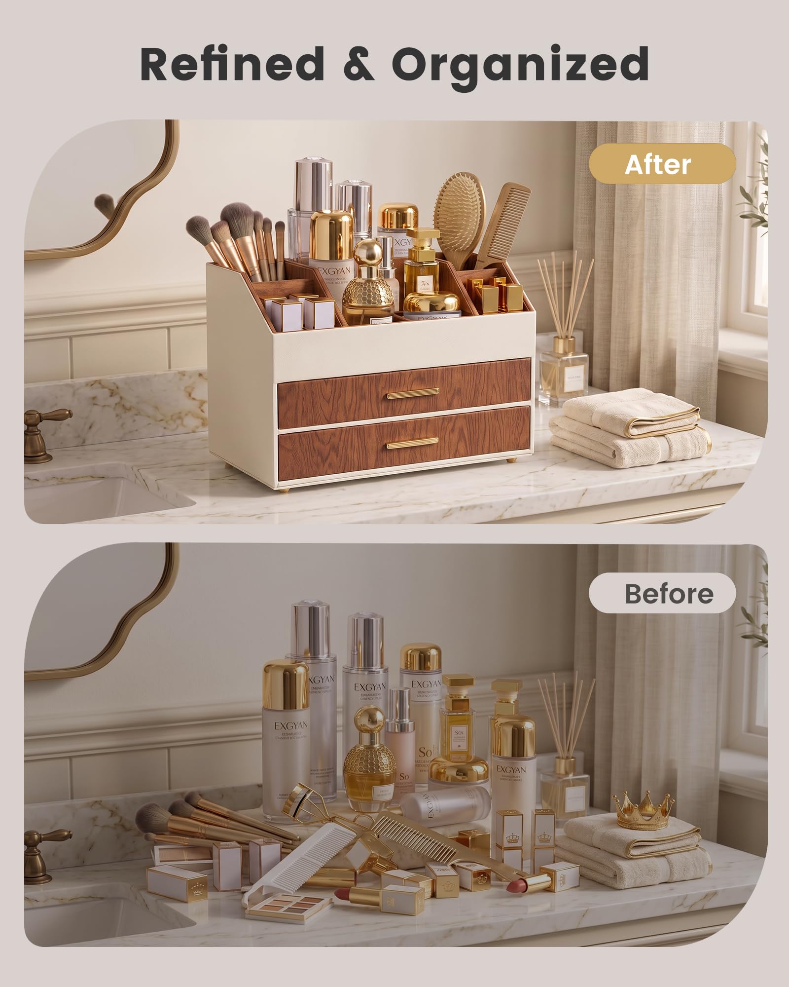 PU Leather Large Makeup Organizer for Vanity Desk