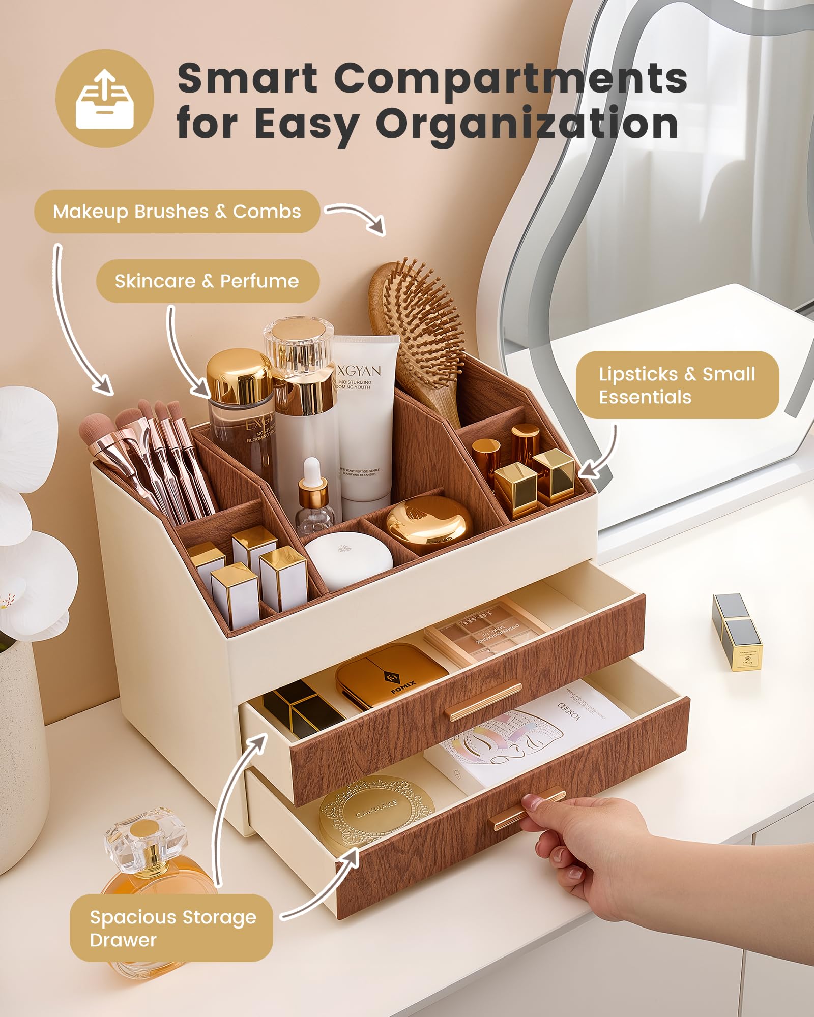 PU Leather Large Makeup Organizer for Vanity Desk