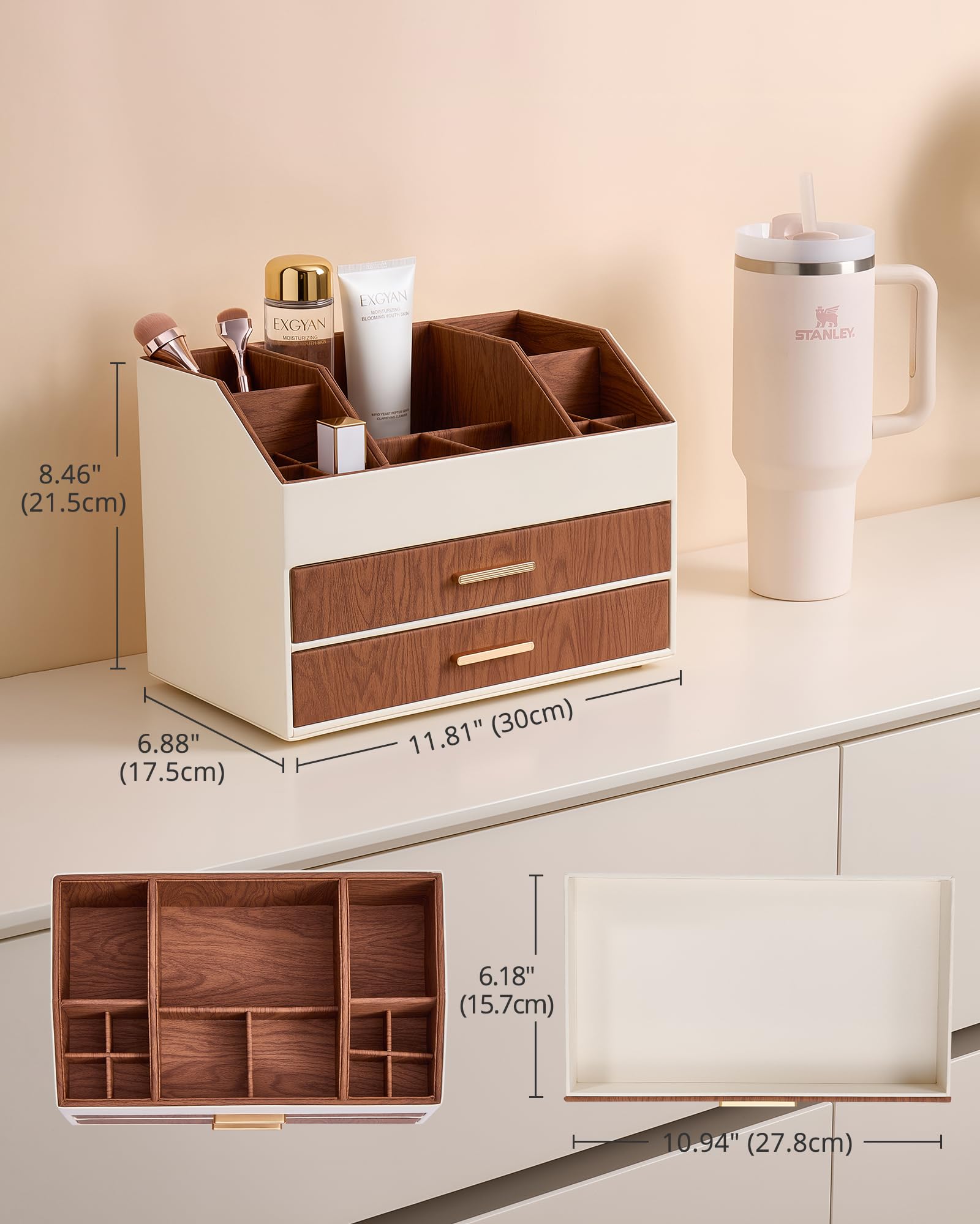 PU Leather Large Makeup Organizer for Vanity Desk