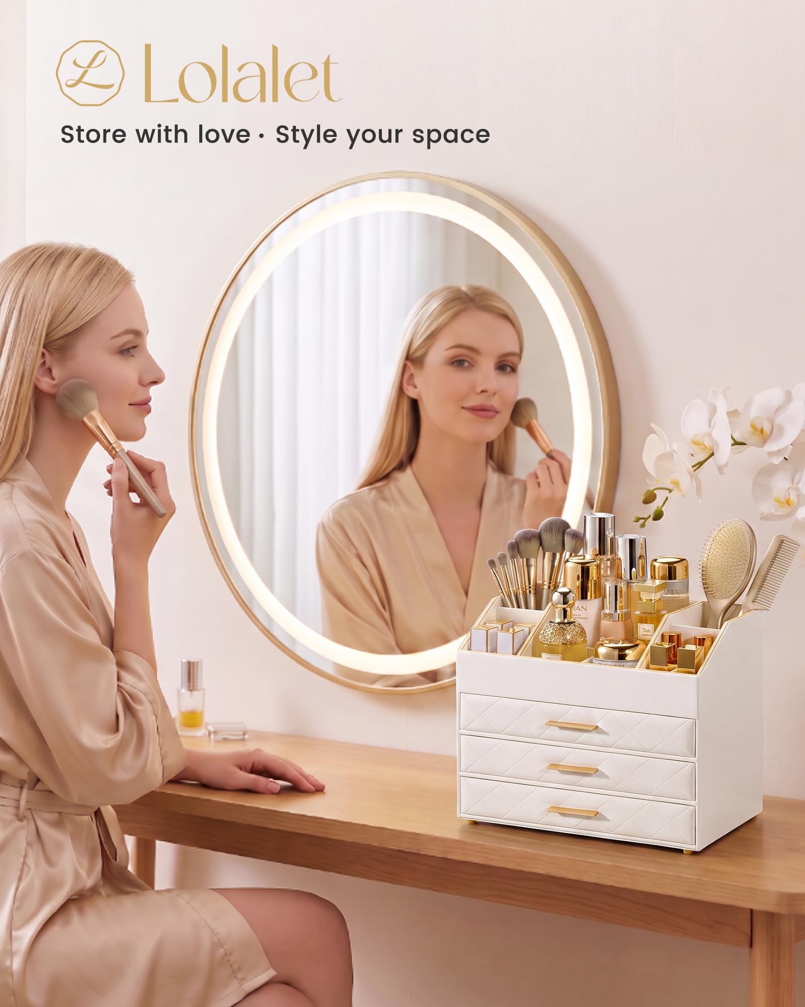 PU Leather Large Makeup Organizer for Vanity Desk