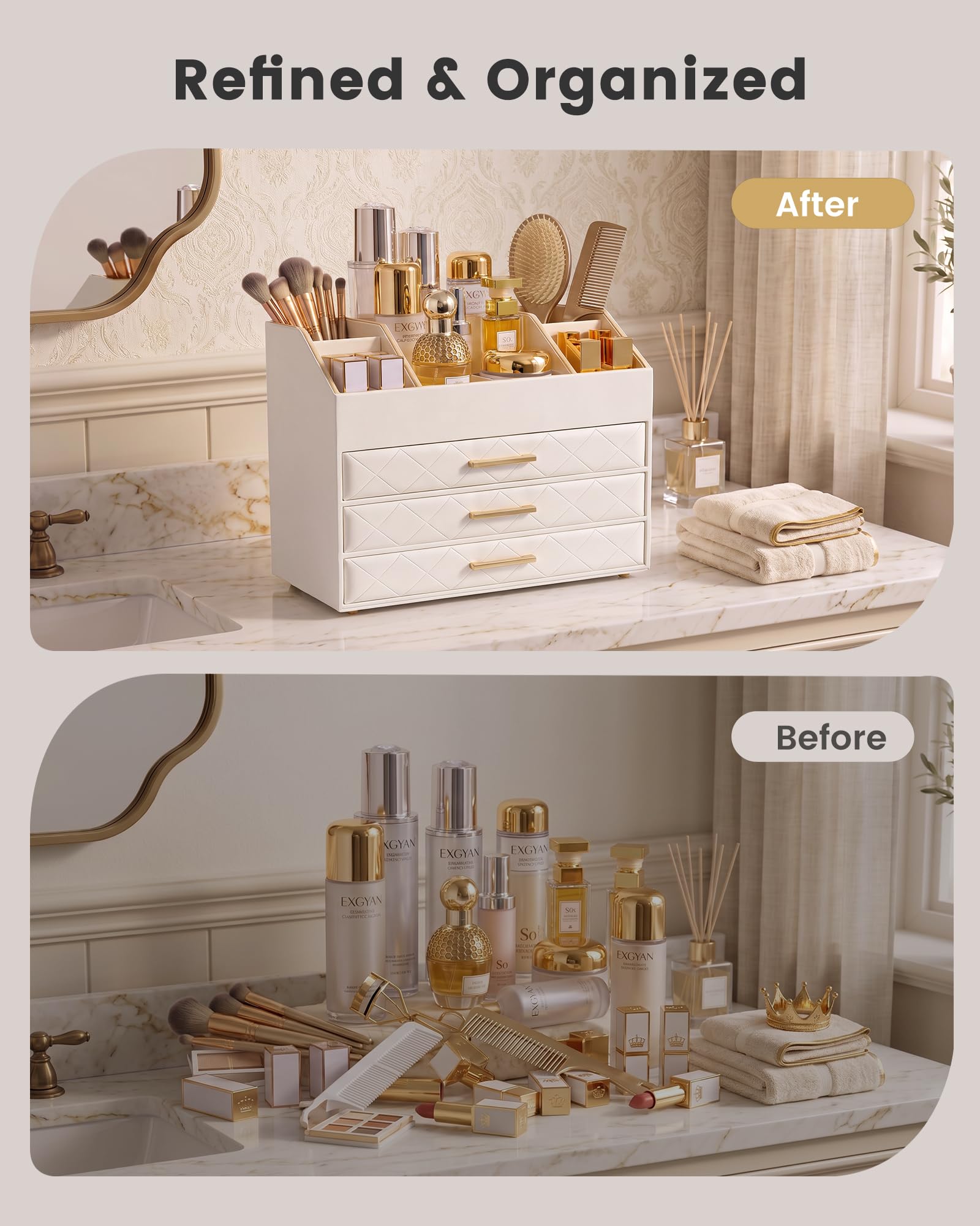 PU Leather Large Makeup Organizer for Vanity Desk