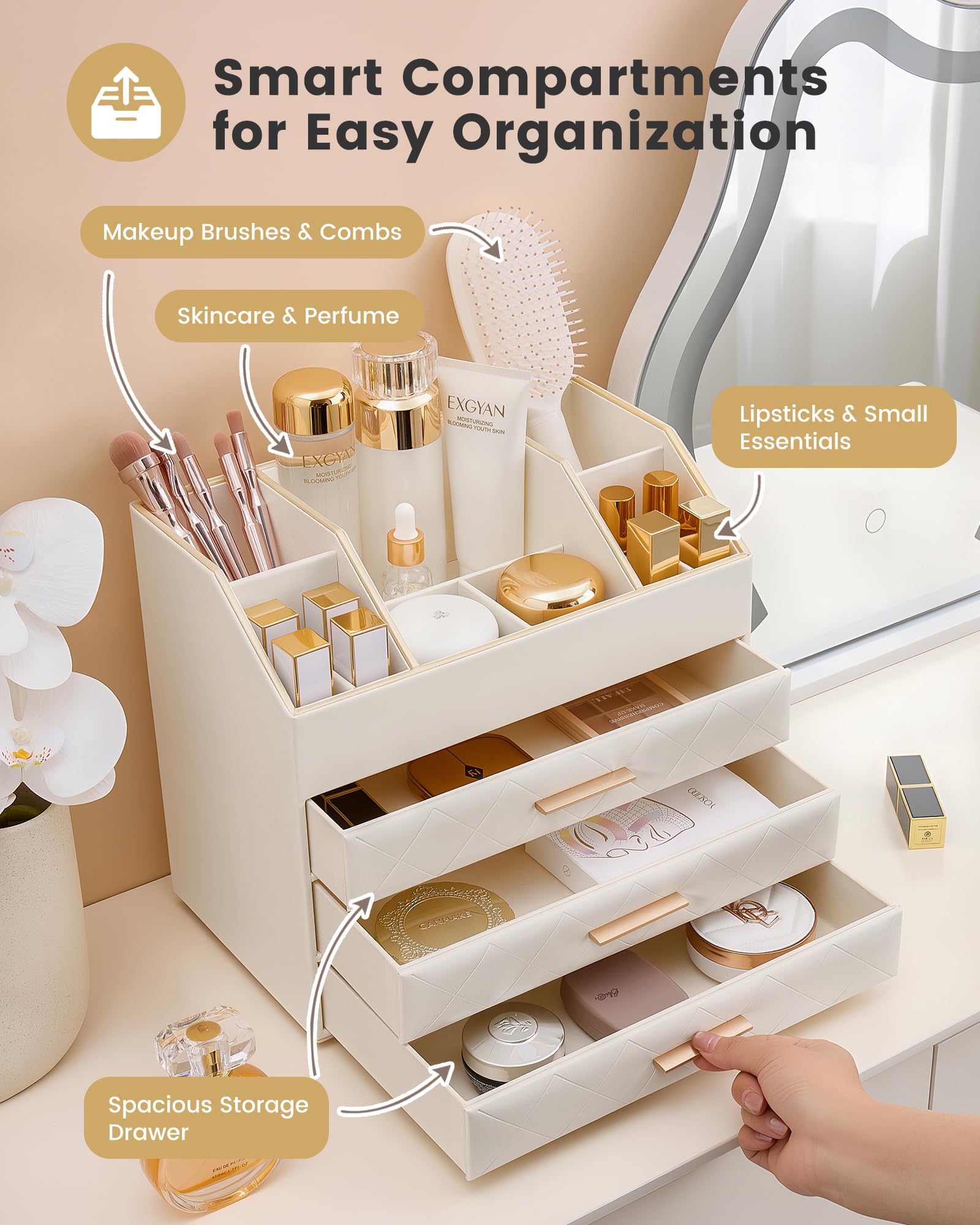 PU Leather Large Makeup Organizer for Vanity Desk