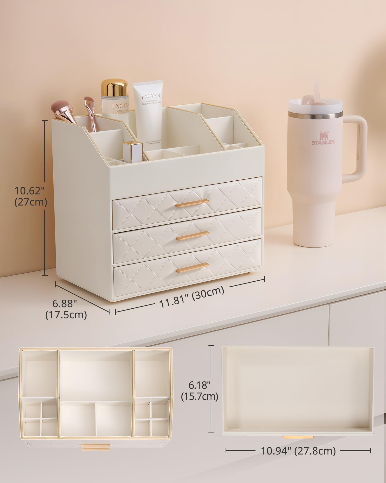 PU Leather Large Makeup Organizer for Vanity Desk