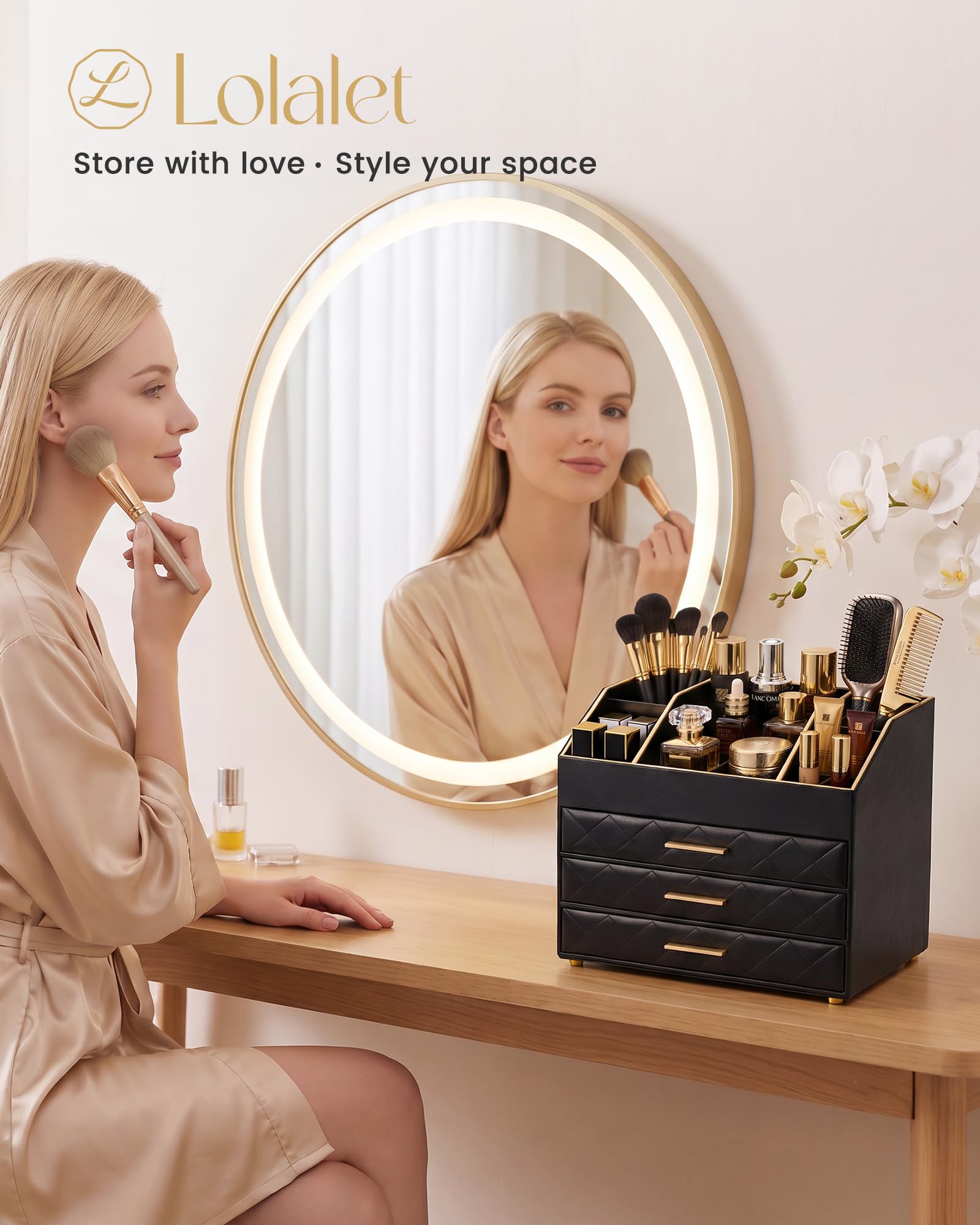 PU Leather Large Makeup Organizer for Vanity Desk