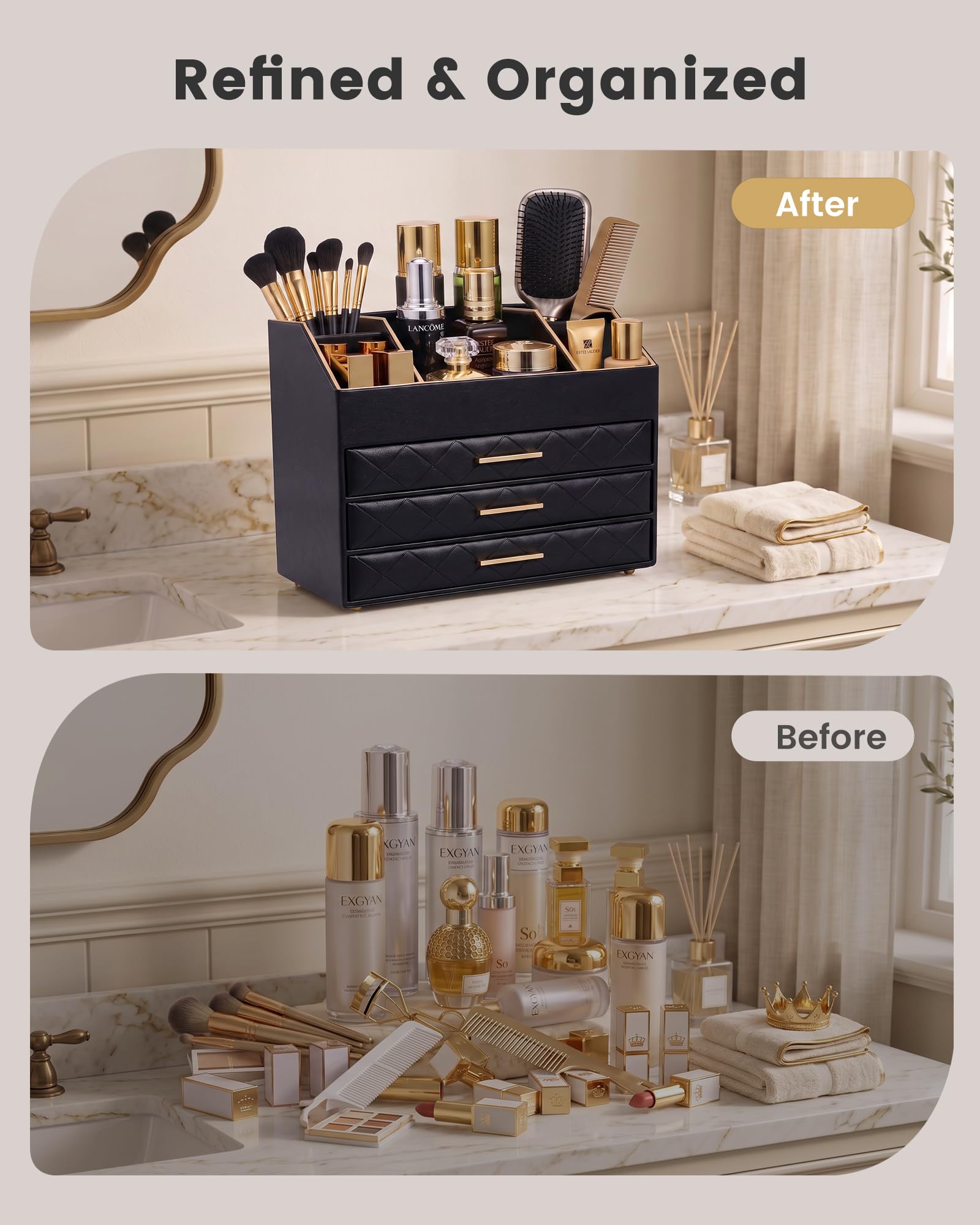 PU Leather Large Makeup Organizer for Vanity Desk