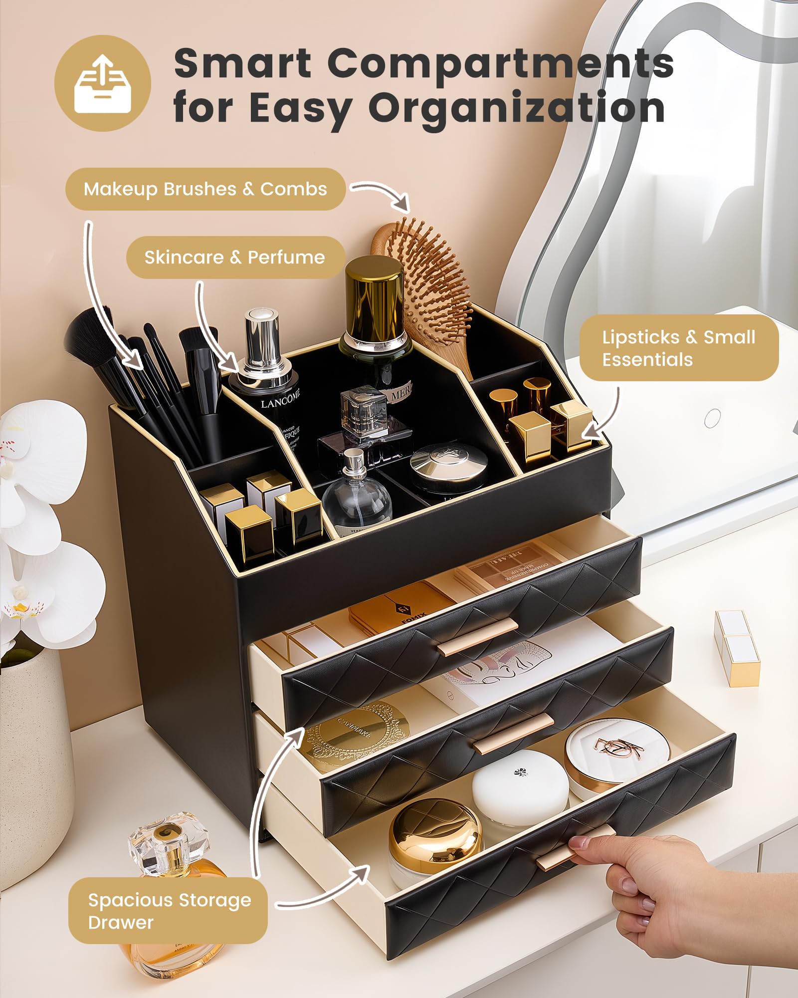 PU Leather Large Makeup Organizer for Vanity Desk