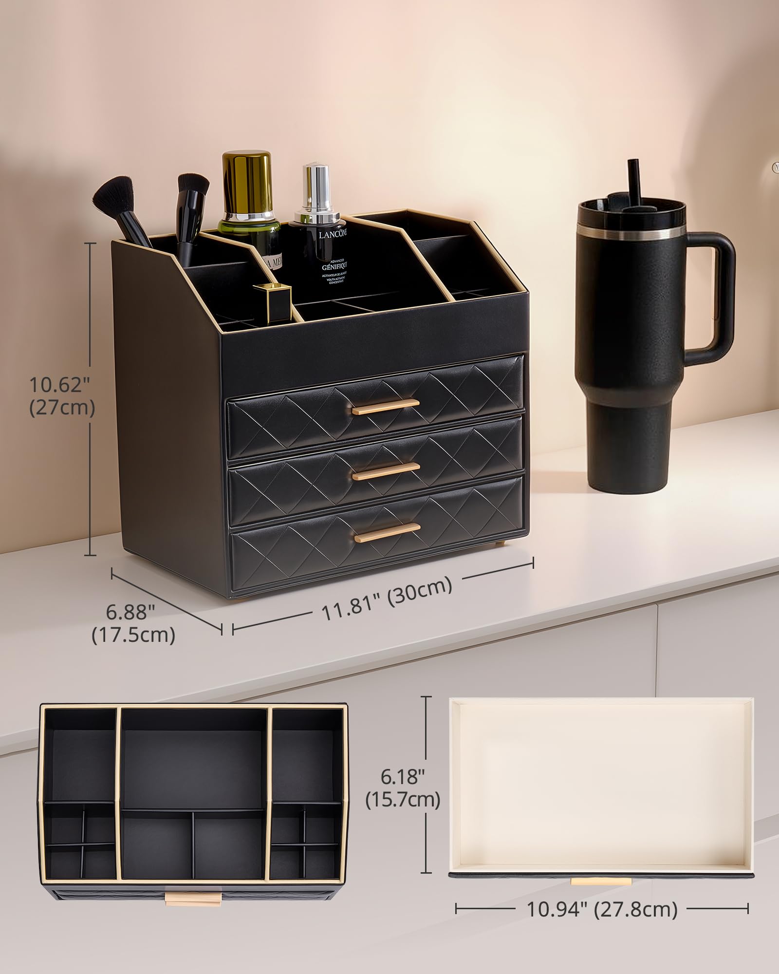 PU Leather Large Makeup Organizer for Vanity Desk