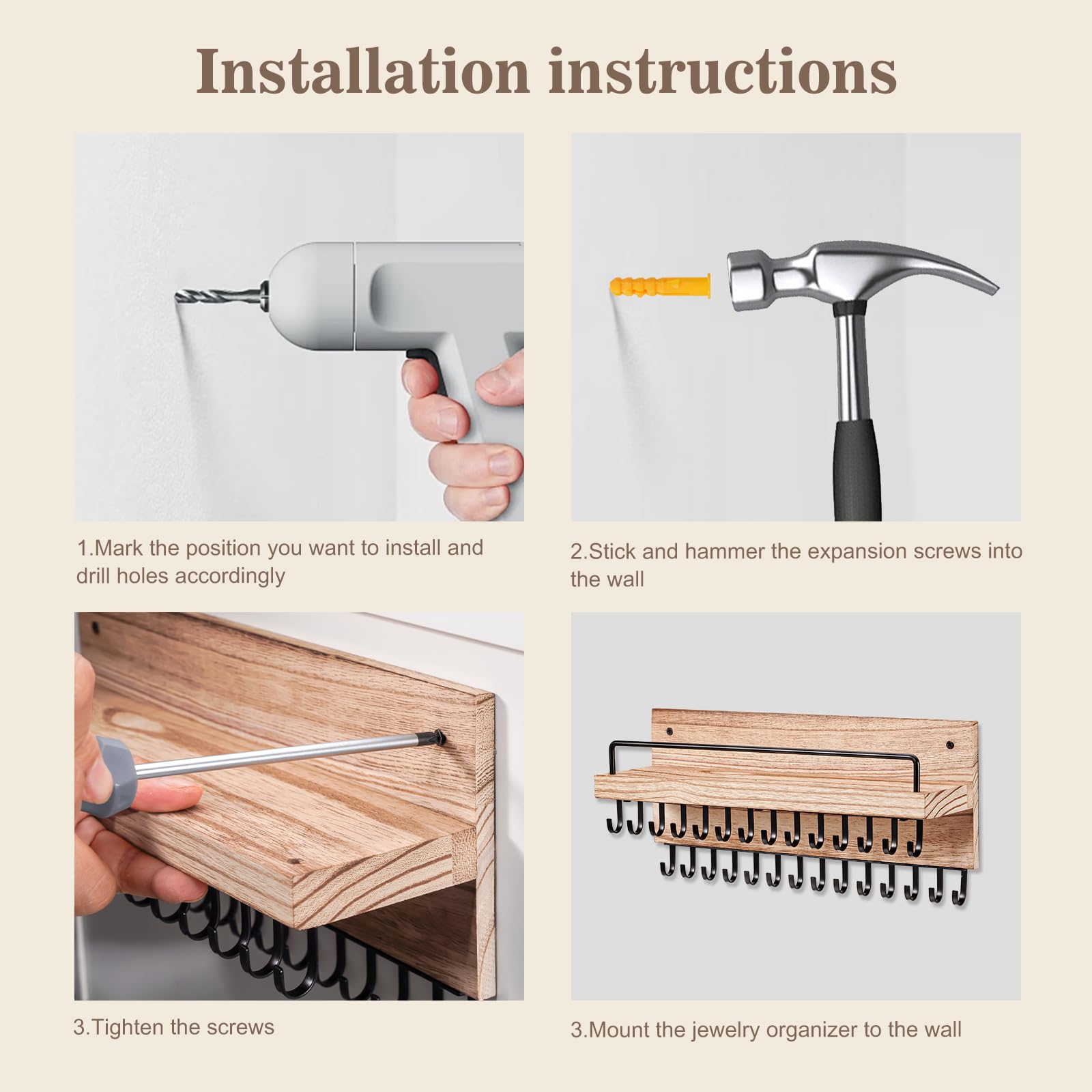 Wall Mounted Jewelry Organizer with 30 Hooks