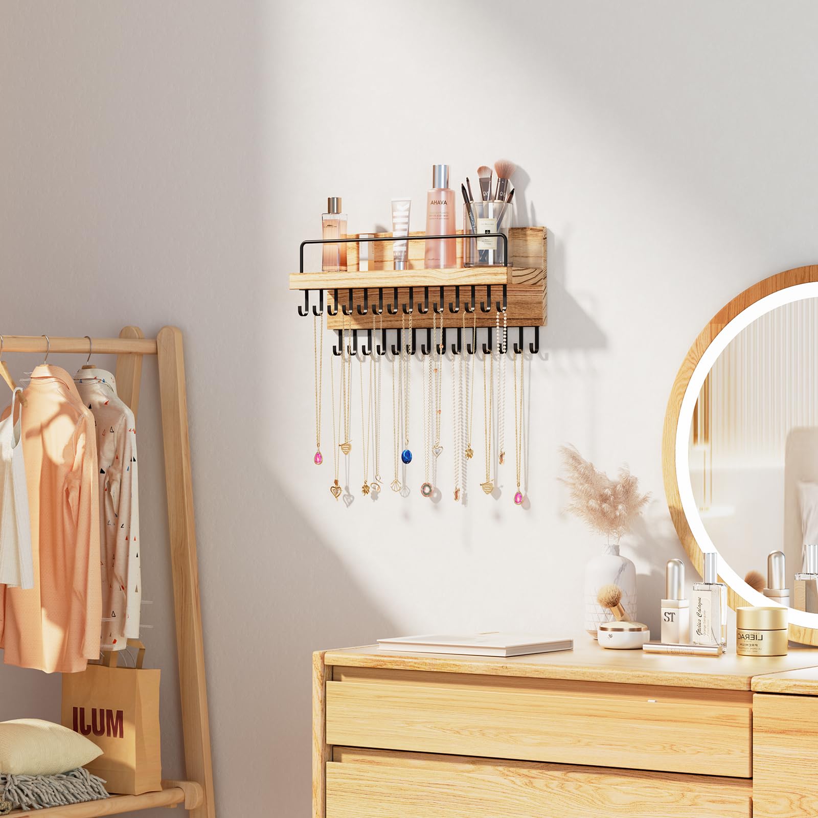 Wall Mounted Jewelry Organizer with 30 Hooks