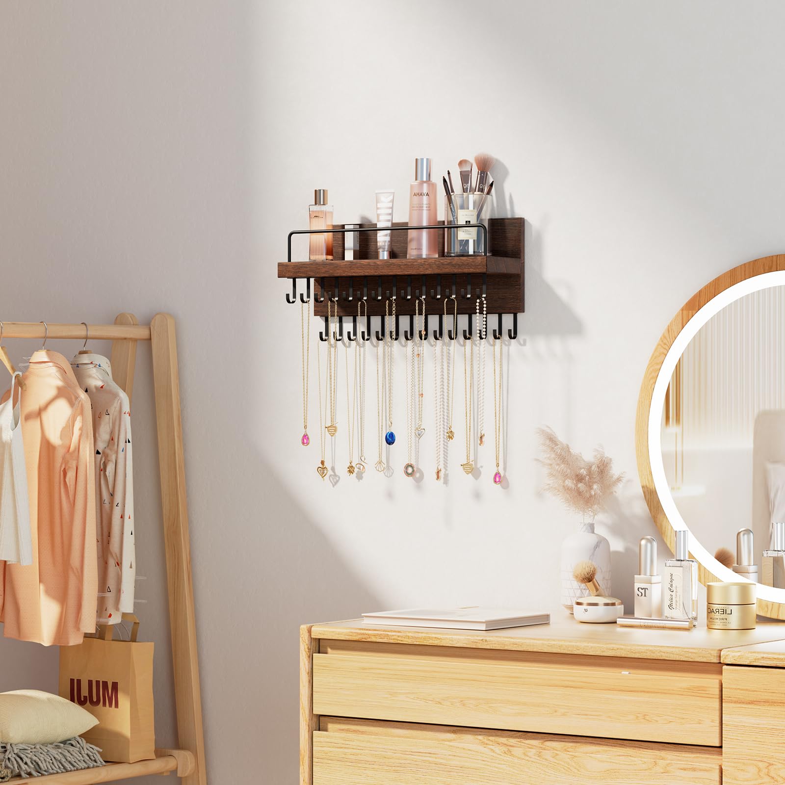 Wall Mounted Jewelry Organizer with 30 Hooks