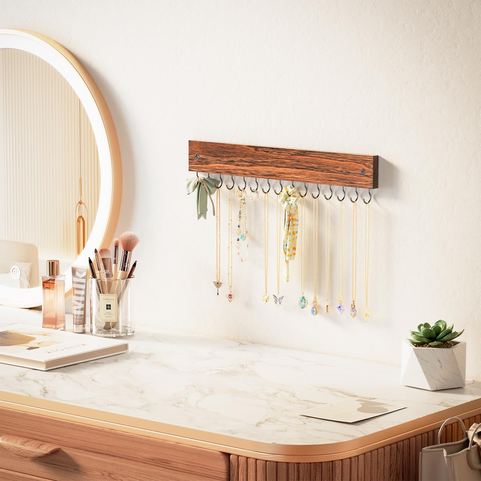 Wall Mount Wooden Necklace Organizer with 15 Hooks
