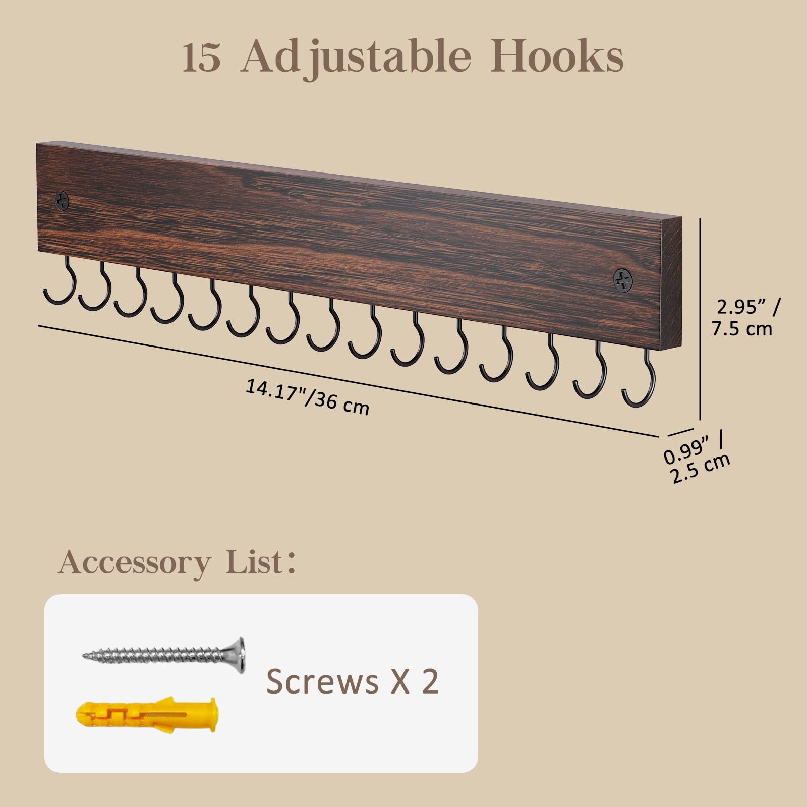 Wall Mount Wooden Necklace Organizer with 15 Hooks