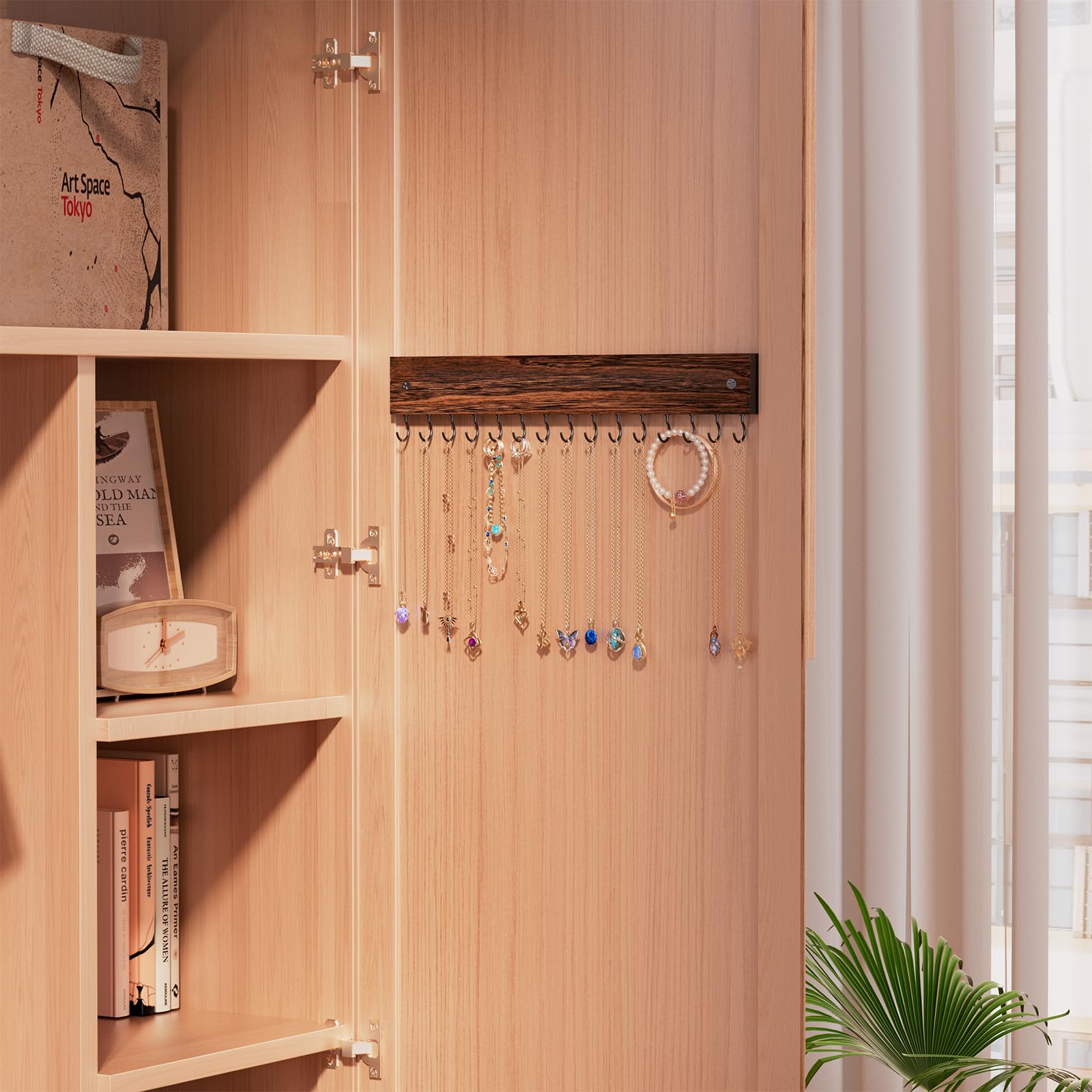 Wall Mount Wooden Necklace Organizer with 15 Hooks