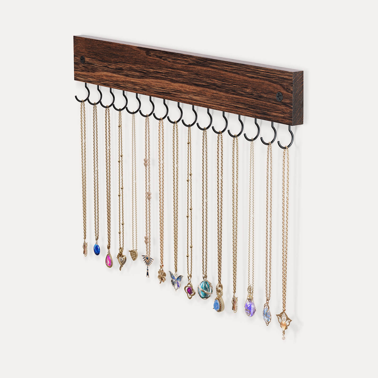 Wall Mount Wooden Necklace Organizer with 15 Hooks