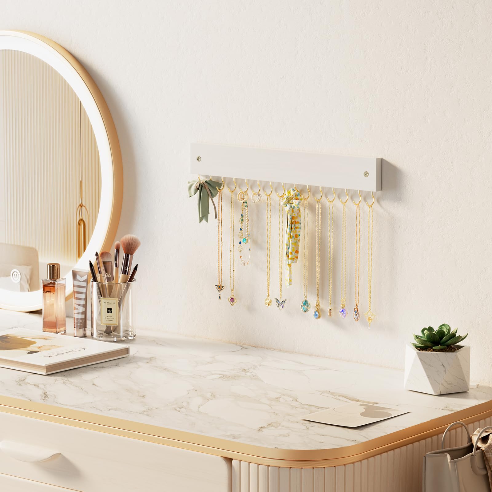 Wall Mount Wooden Necklace Organizer with 15 Hooks